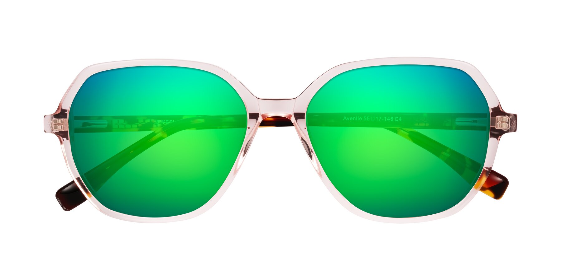Folded Front of Avenite in Pink/Tortoise with Green Mirrored Lenses