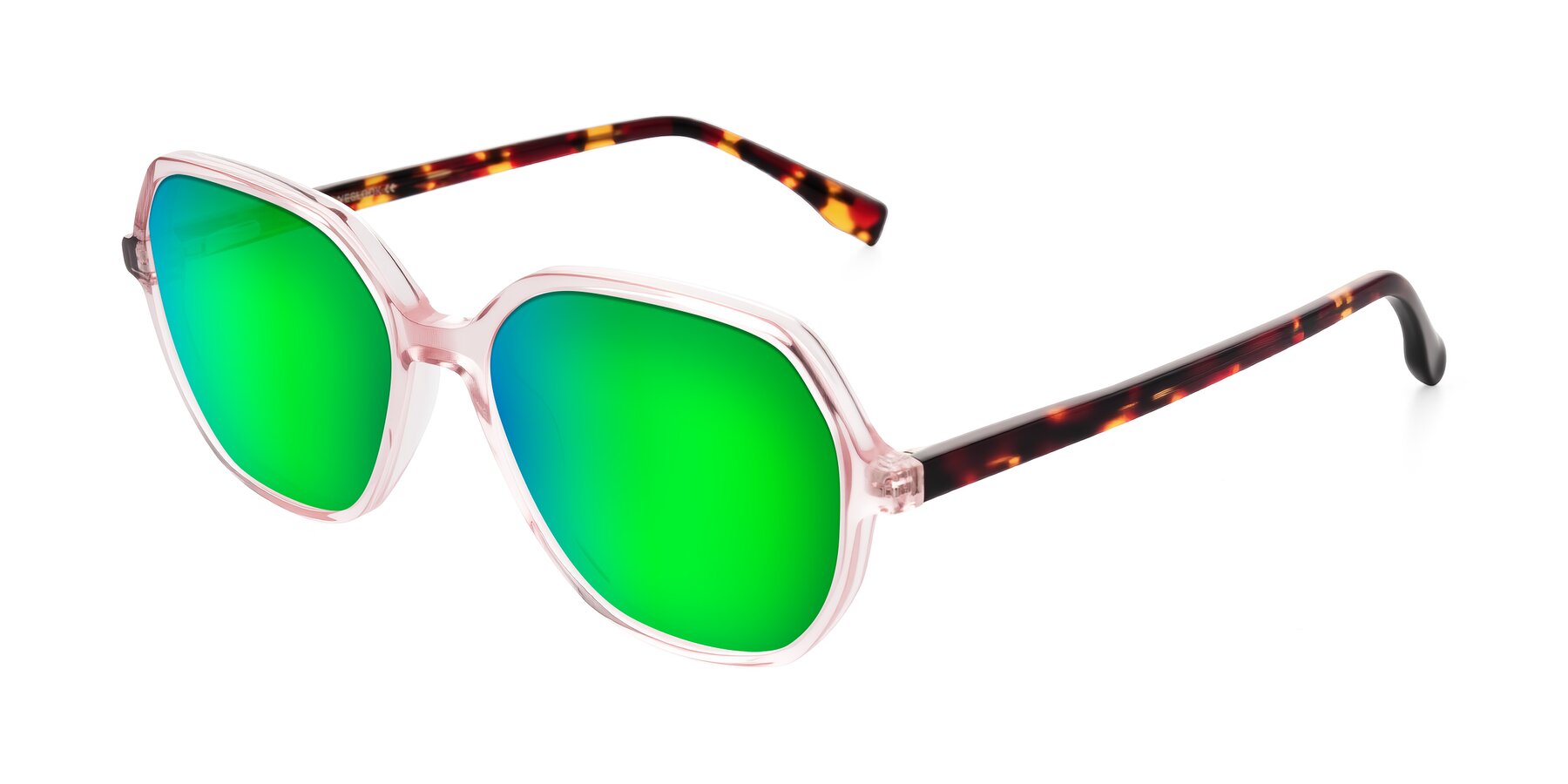 Angle of Avenite in Pink/Tortoise with Green Mirrored Lenses