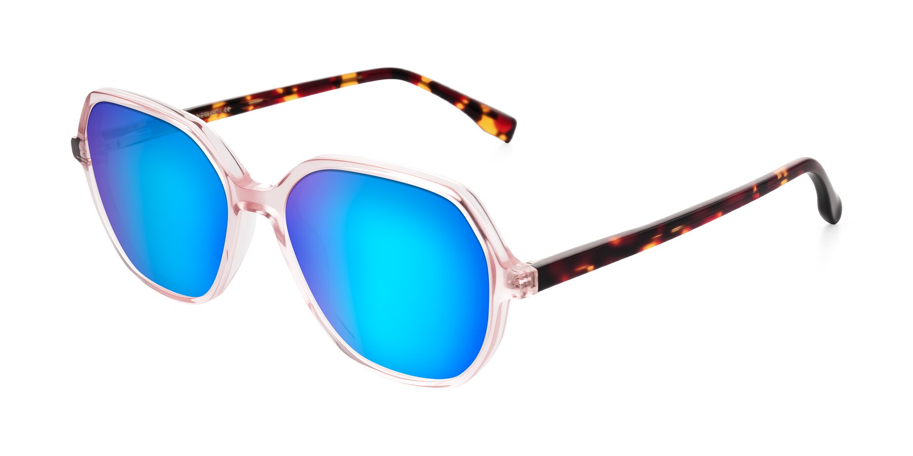 Angle of Avenite in Pink/Tortoise with Blue Mirrored Lenses