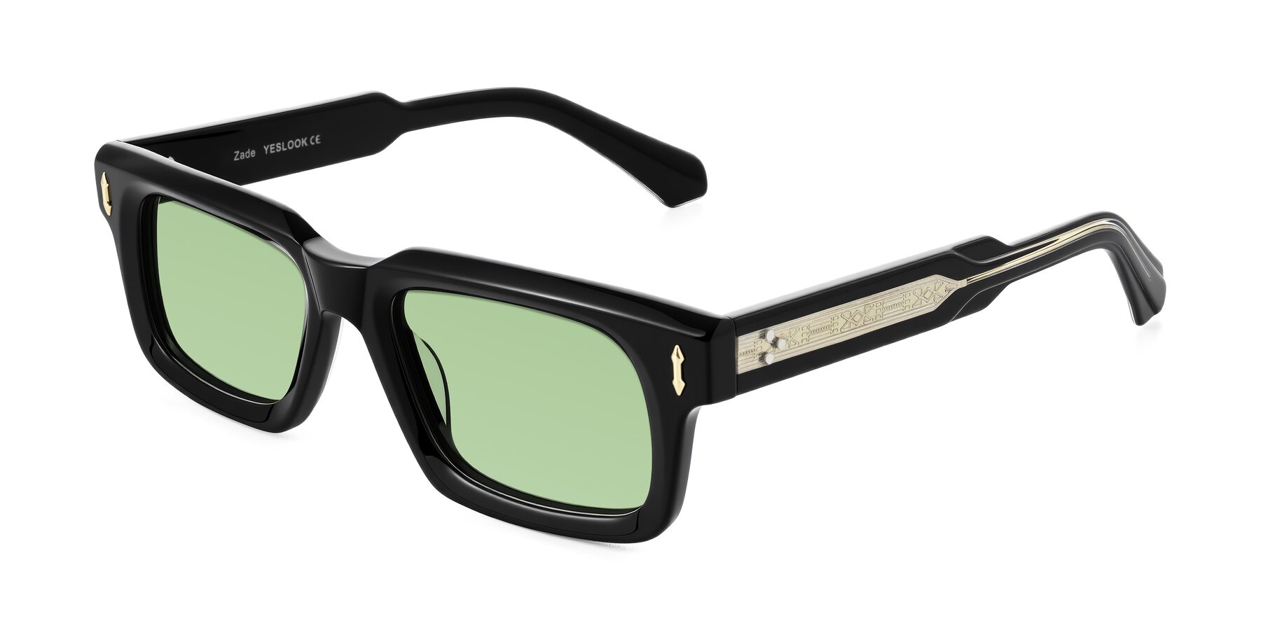 Angle of Zade in Black with Medium Green Tinted Lenses