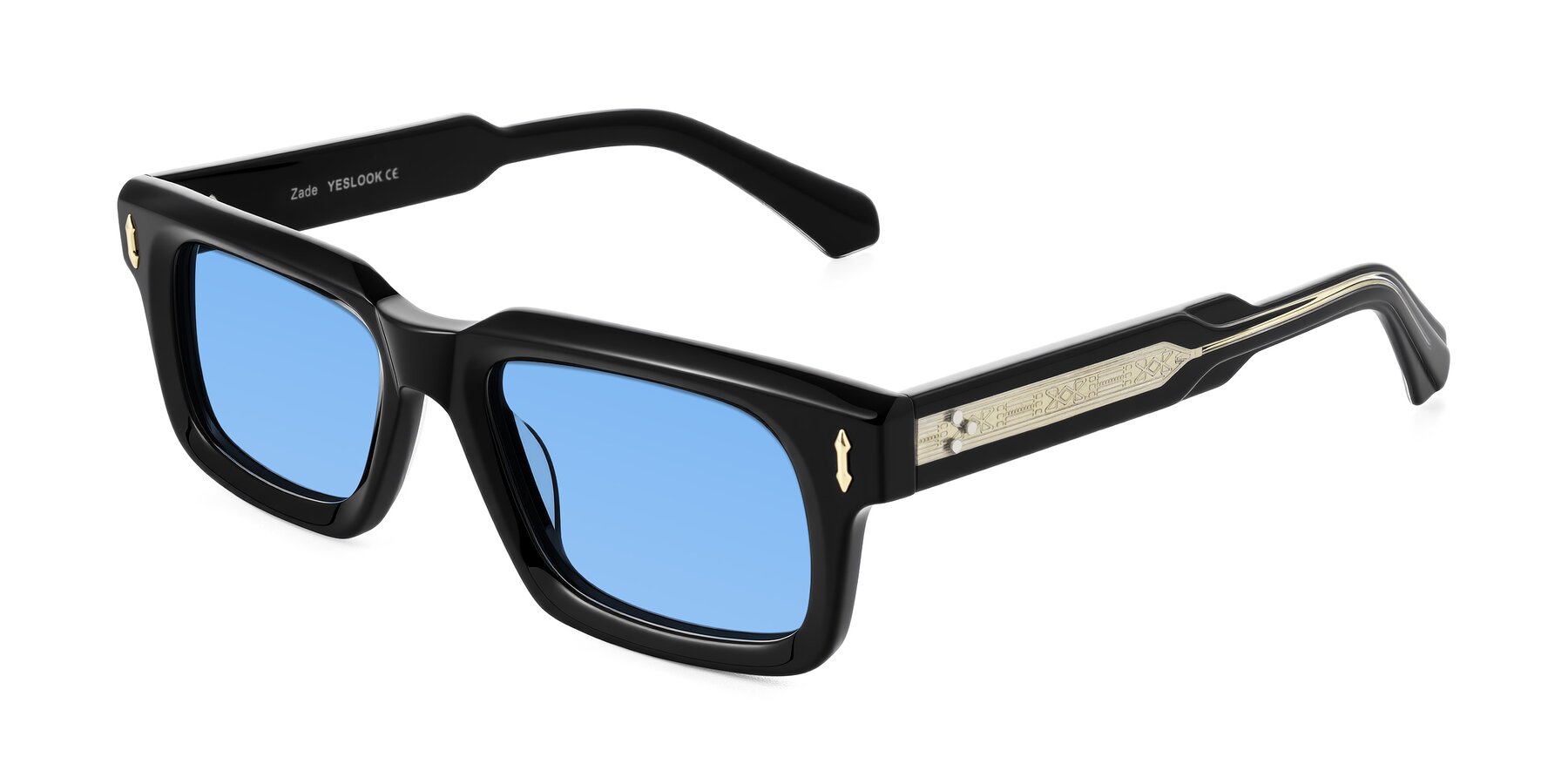 Angle of Zade in Black with Medium Blue Tinted Lenses