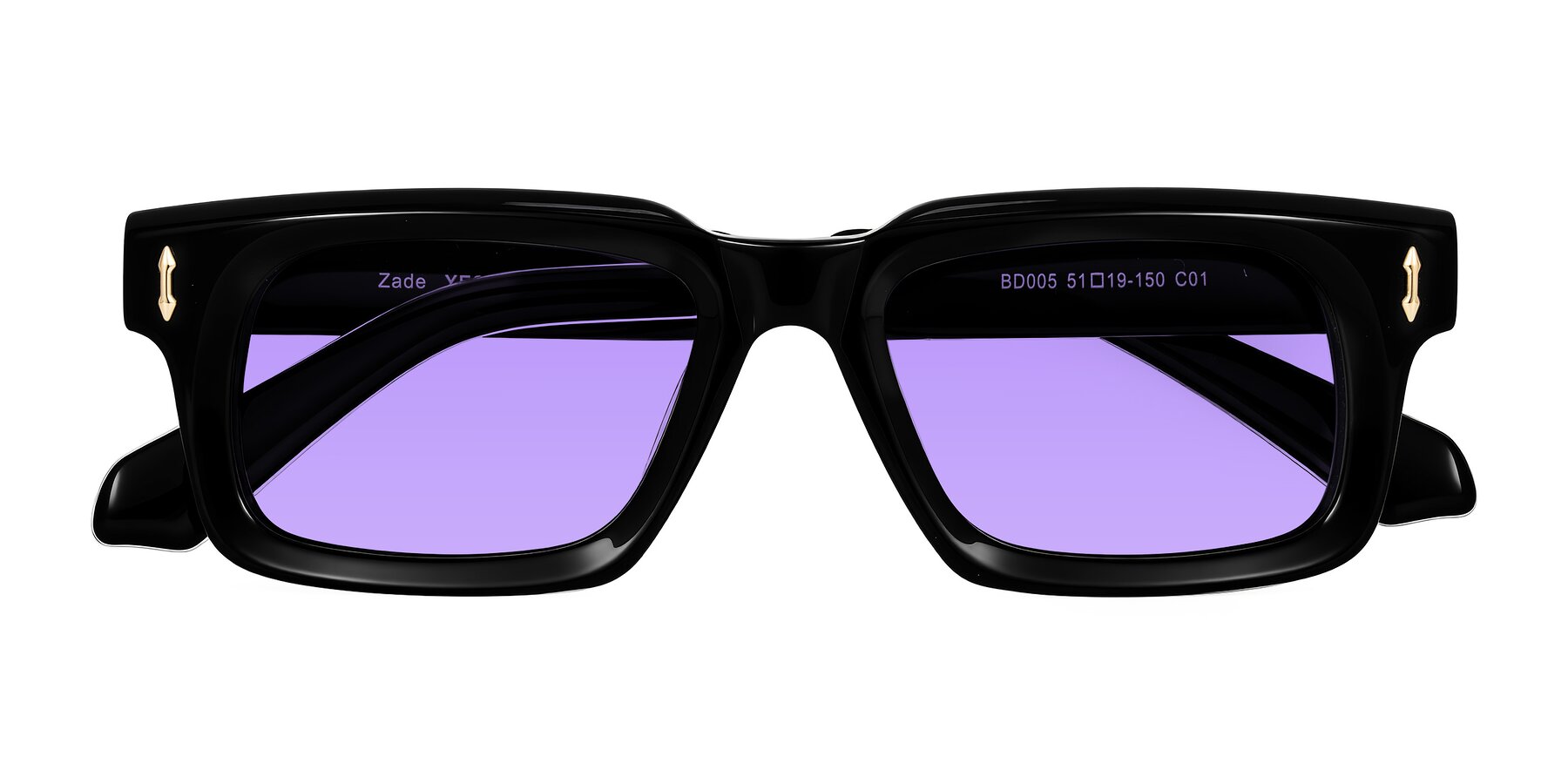 Folded Front of Zade in Black with Medium Purple Tinted Lenses