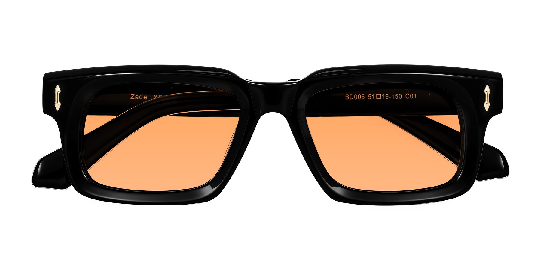 Folded Front of Zade in Black with Medium Orange Tinted Lenses