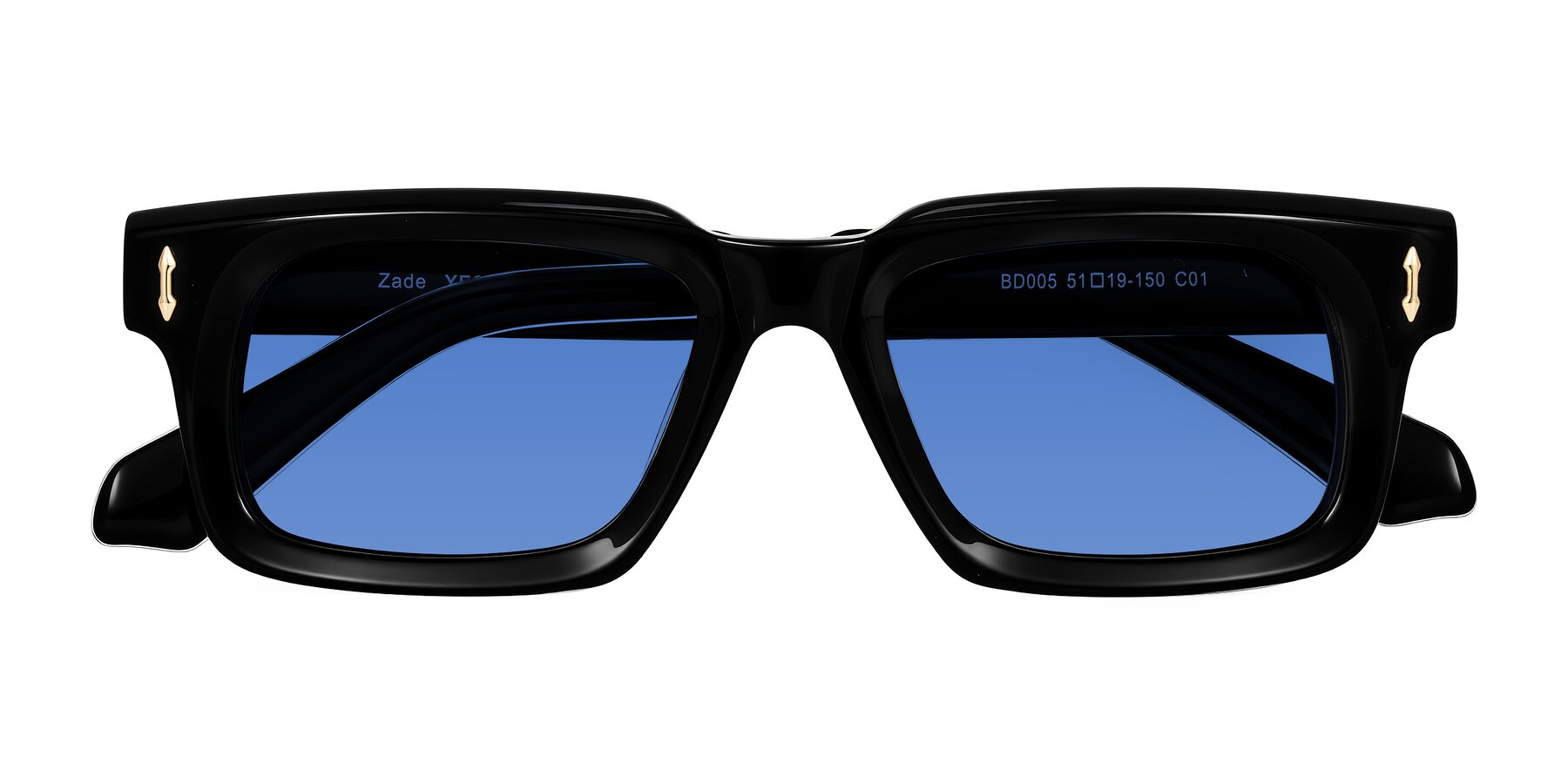 Folded Front of Zade in Black with Blue Tinted Lenses