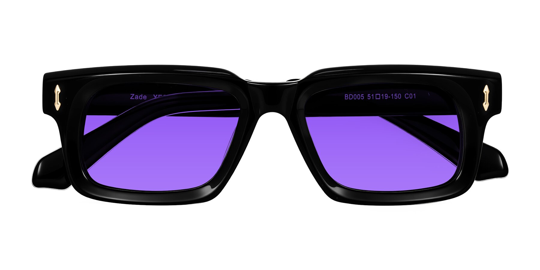 Folded Front of Zade in Black with Purple Tinted Lenses