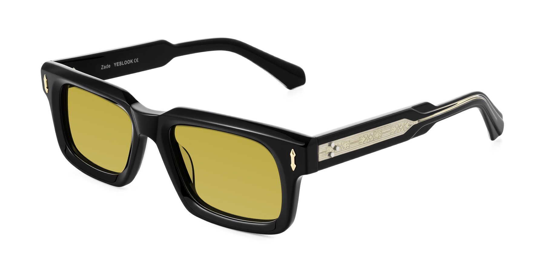 Angle of Zade in Black with Champagne Tinted Lenses