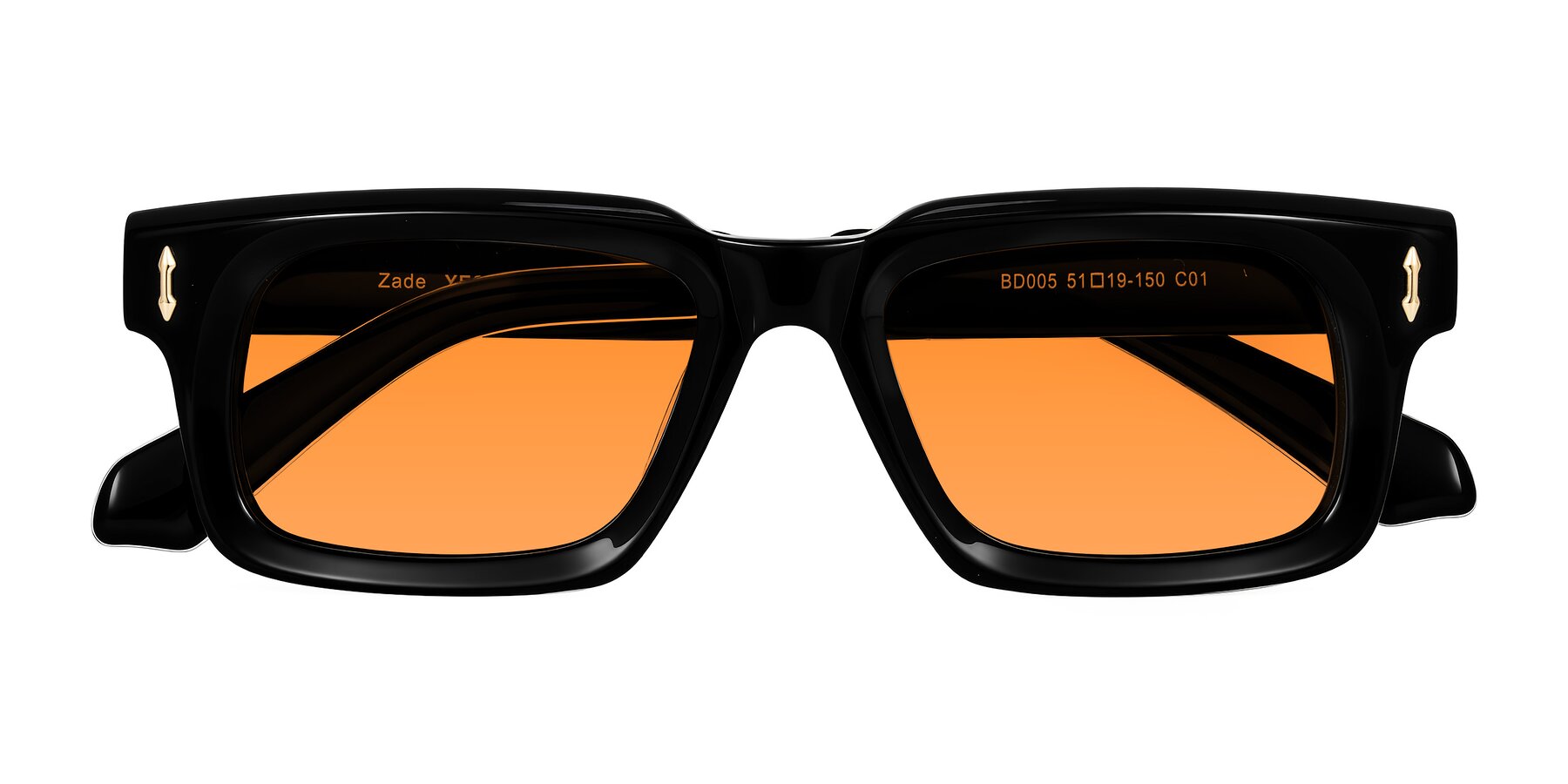 Folded Front of Zade in Black with Orange Tinted Lenses