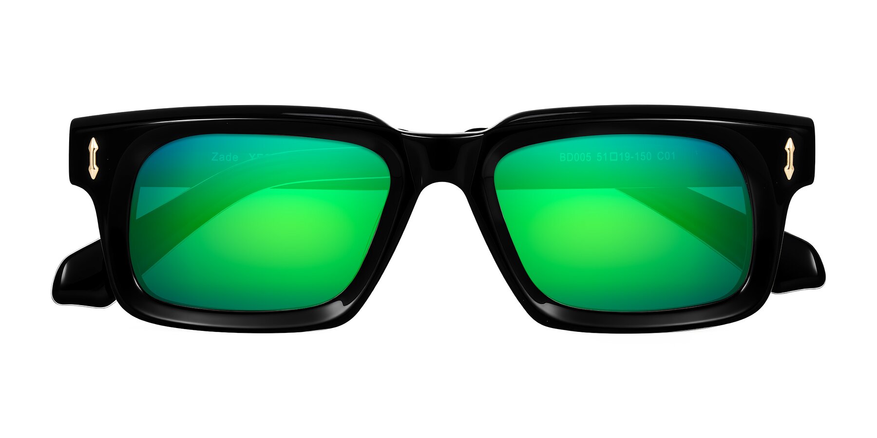 Folded Front of Zade in Black with Green Mirrored Lenses