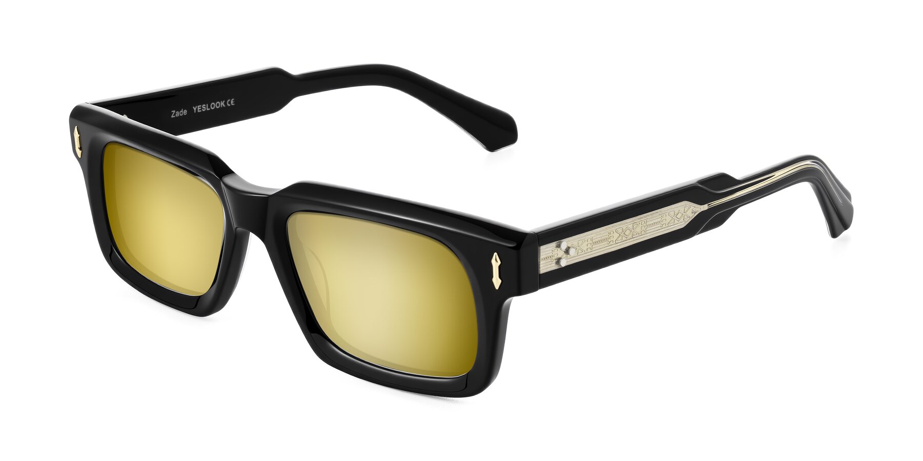 Angle of Zade in Black with Gold Mirrored Lenses