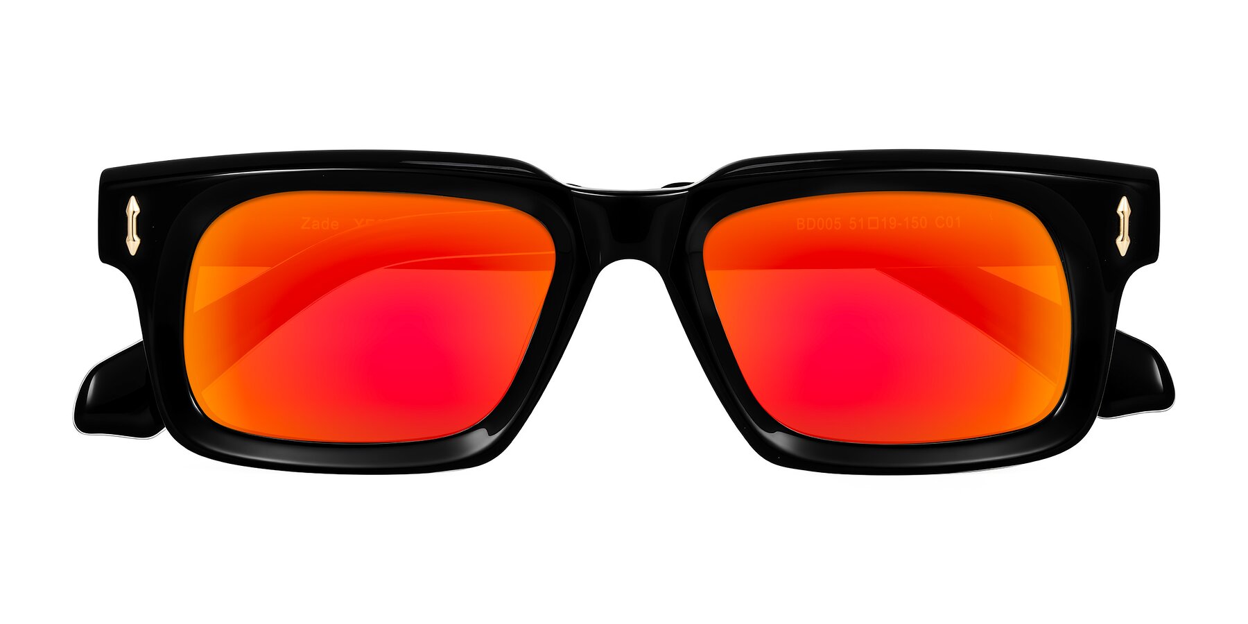 Folded Front of Zade in Black with Red Gold Mirrored Lenses