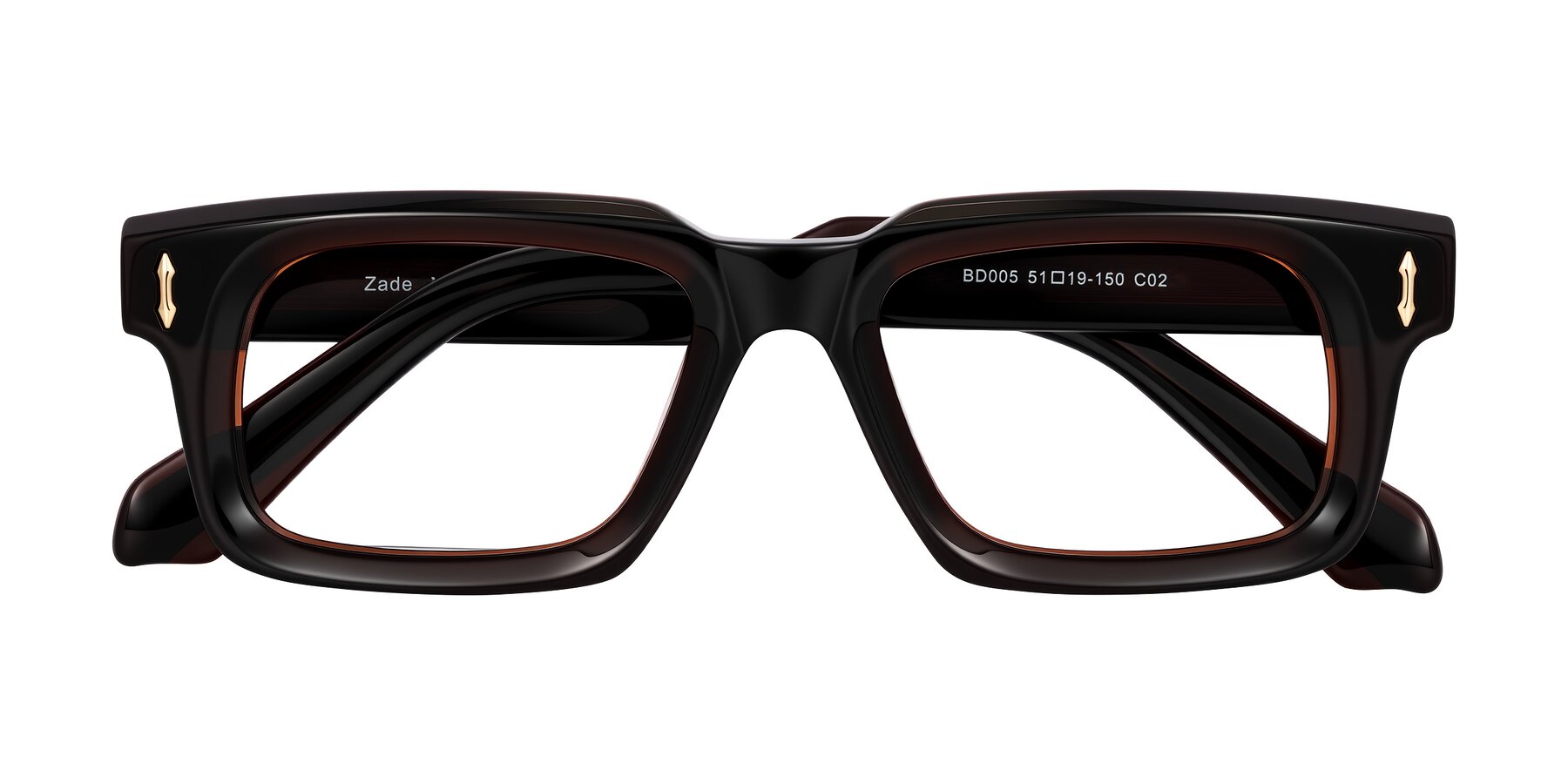 Folded Front of Zade in Translucent Brown with Clear Eyeglass Lenses