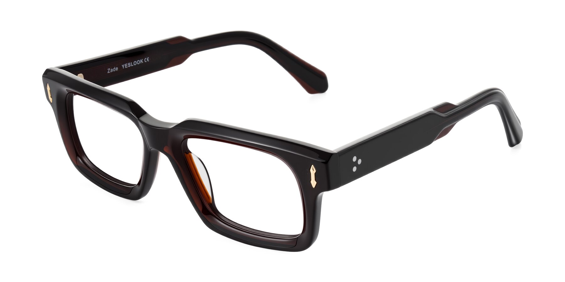 Angle of Zade in Translucent Brown with Clear Eyeglass Lenses