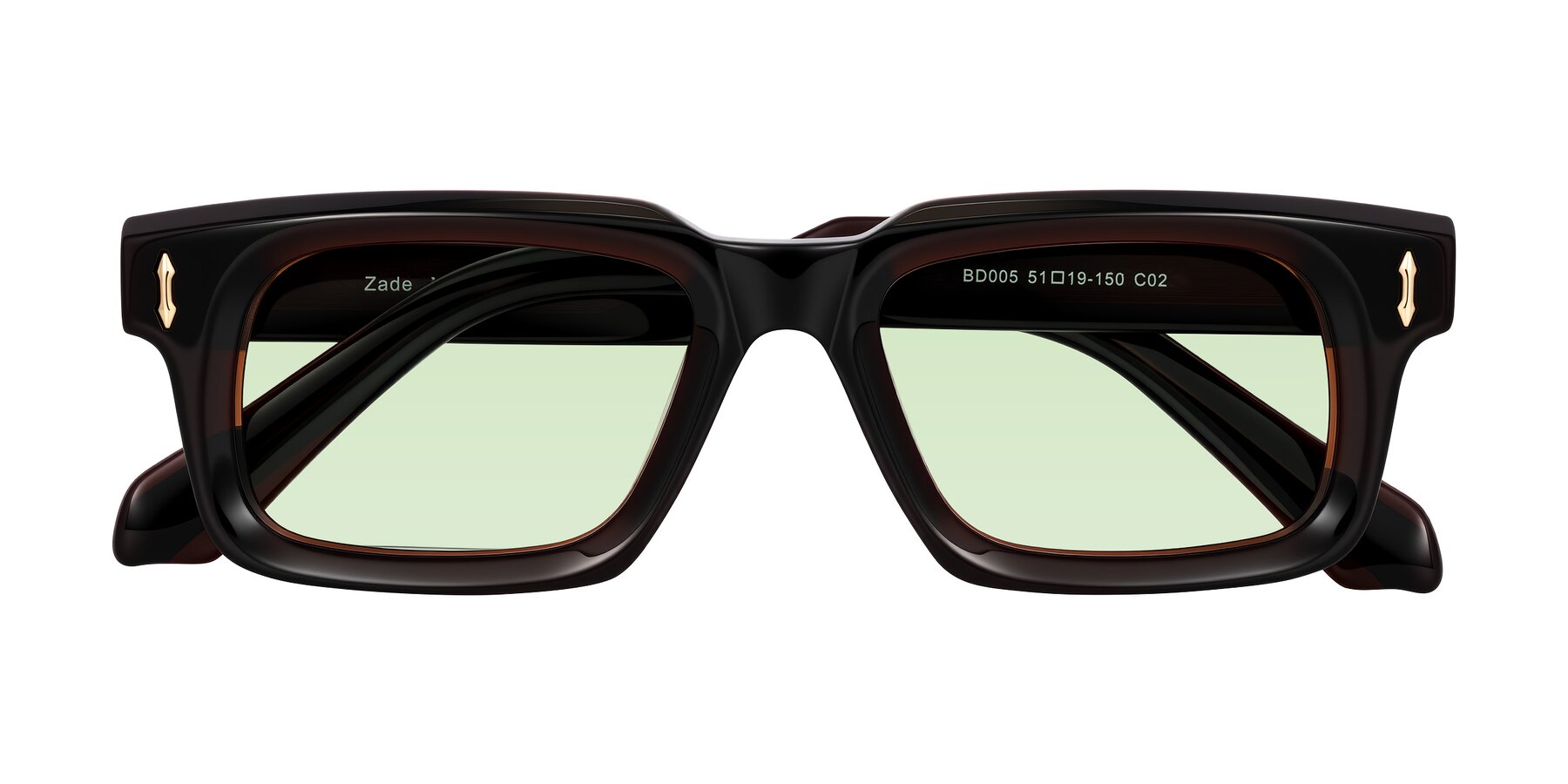 Folded Front of Zade in Translucent Brown with Light Green Tinted Lenses