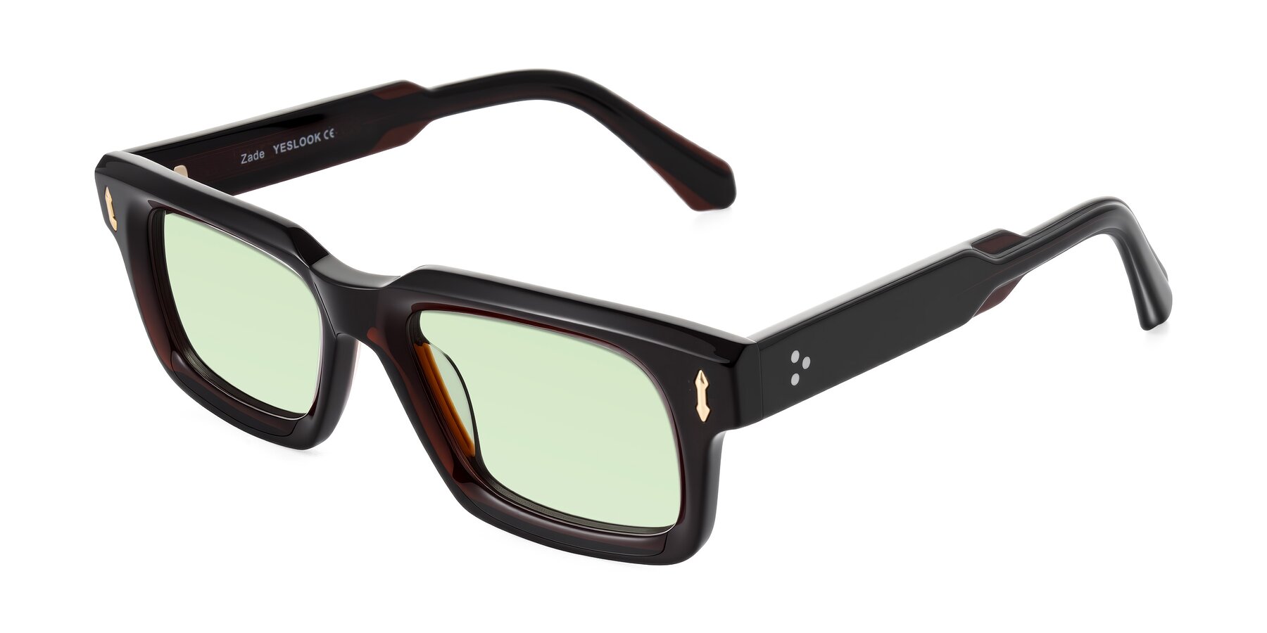 Angle of Zade in Translucent Brown with Light Green Tinted Lenses