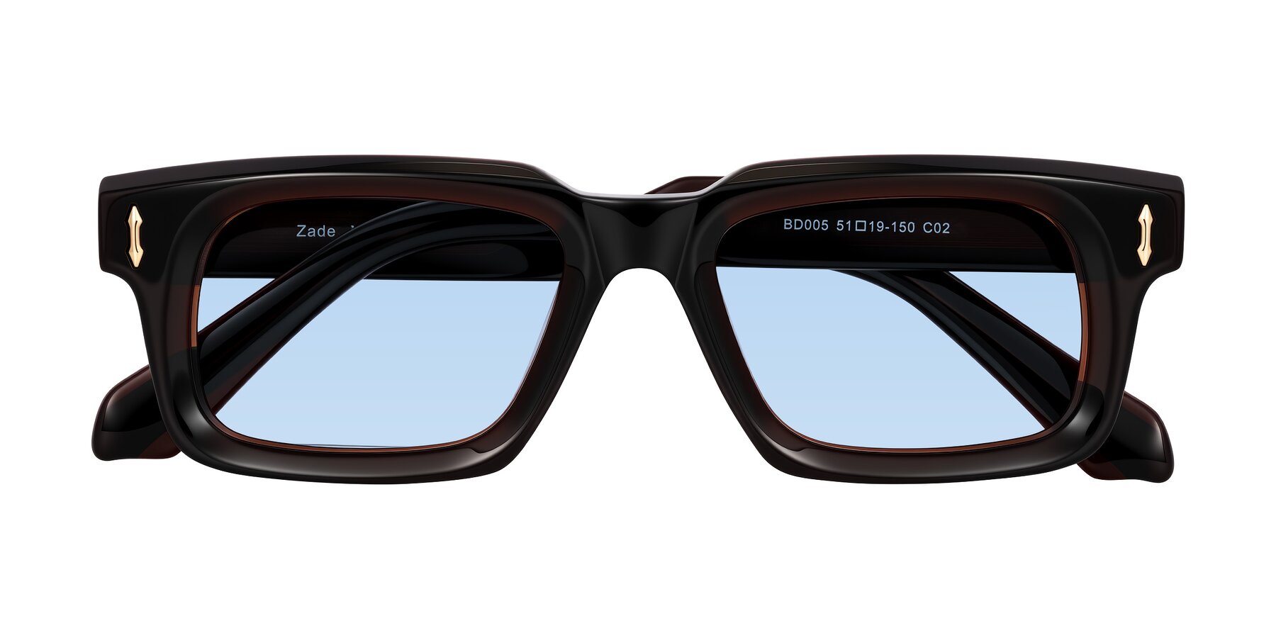 Folded Front of Zade in Translucent Brown with Light Blue Tinted Lenses