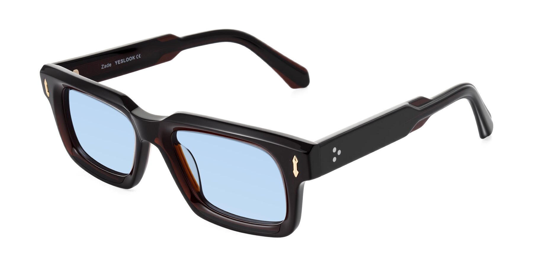 Angle of Zade in Translucent Brown with Light Blue Tinted Lenses