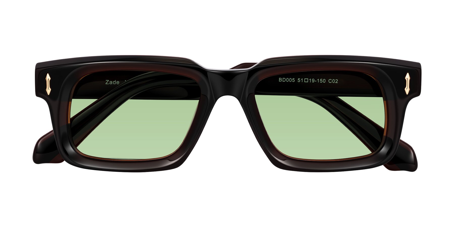 Folded Front of Zade in Translucent Brown with Medium Green Tinted Lenses