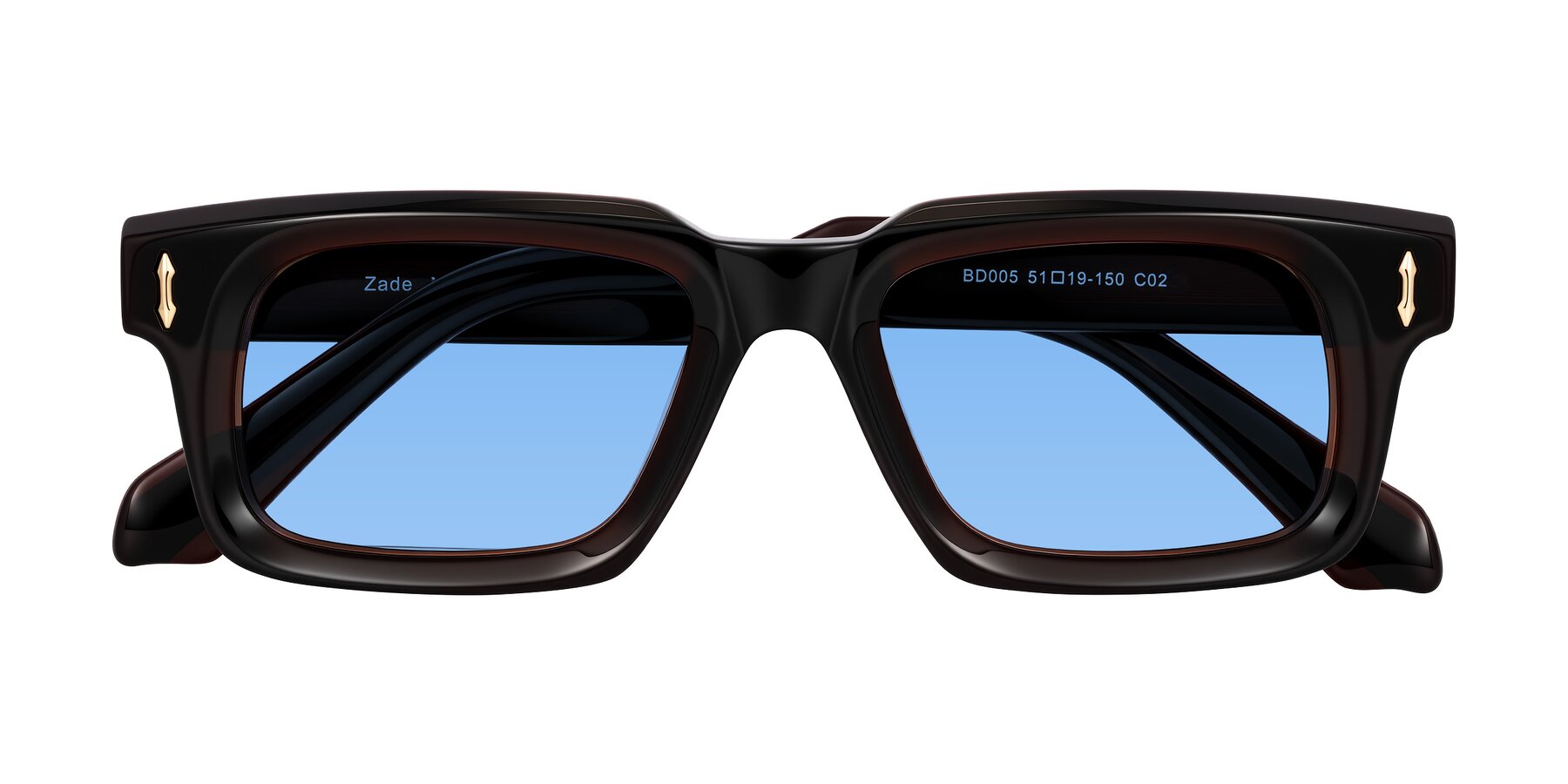 Folded Front of Zade in Translucent Brown with Medium Blue Tinted Lenses