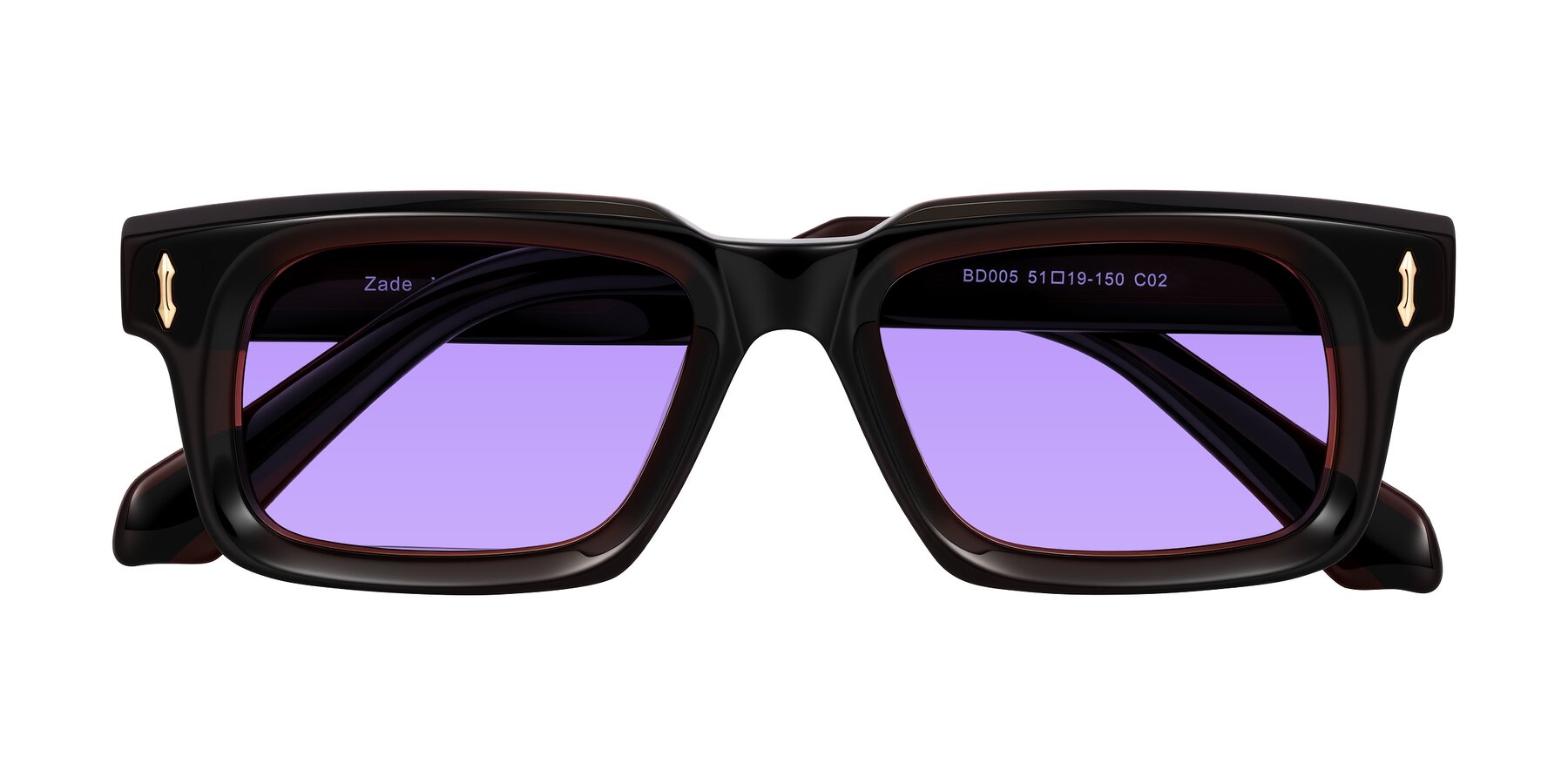 Folded Front of Zade in Translucent Brown with Medium Purple Tinted Lenses