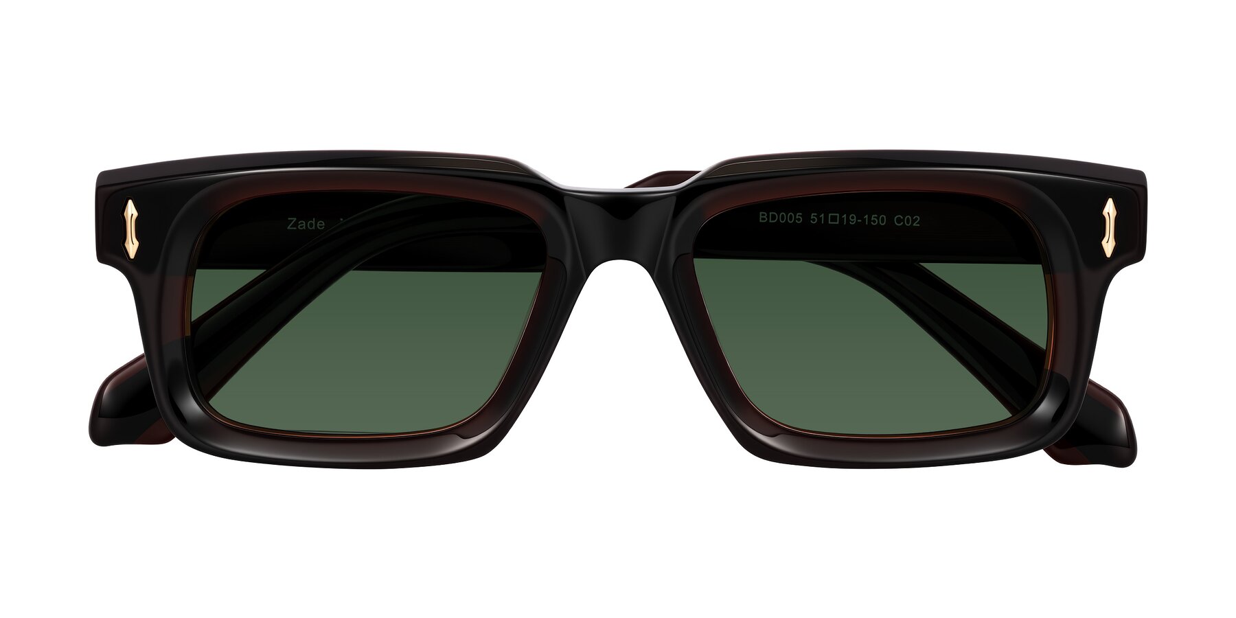 Folded Front of Zade in Translucent Brown with Green Tinted Lenses