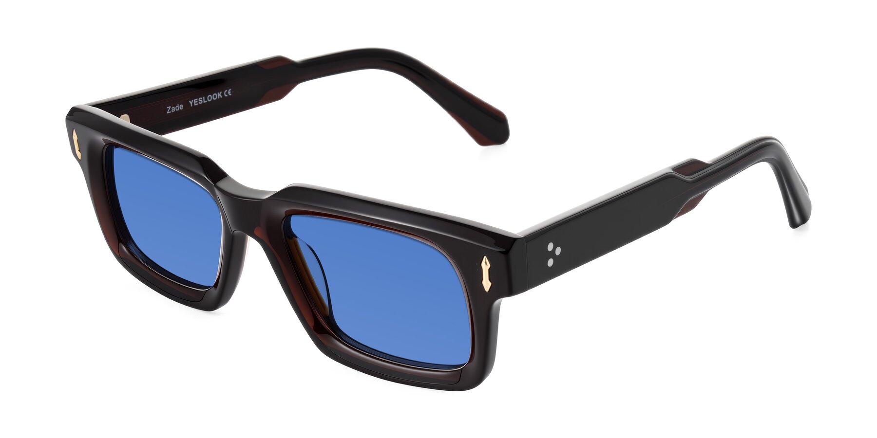 Angle of Zade in Translucent Brown with Blue Tinted Lenses