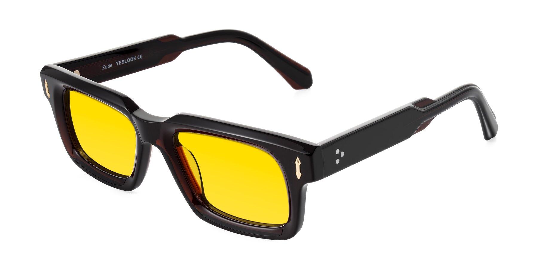 Angle of Zade in Translucent Brown with Yellow Tinted Lenses