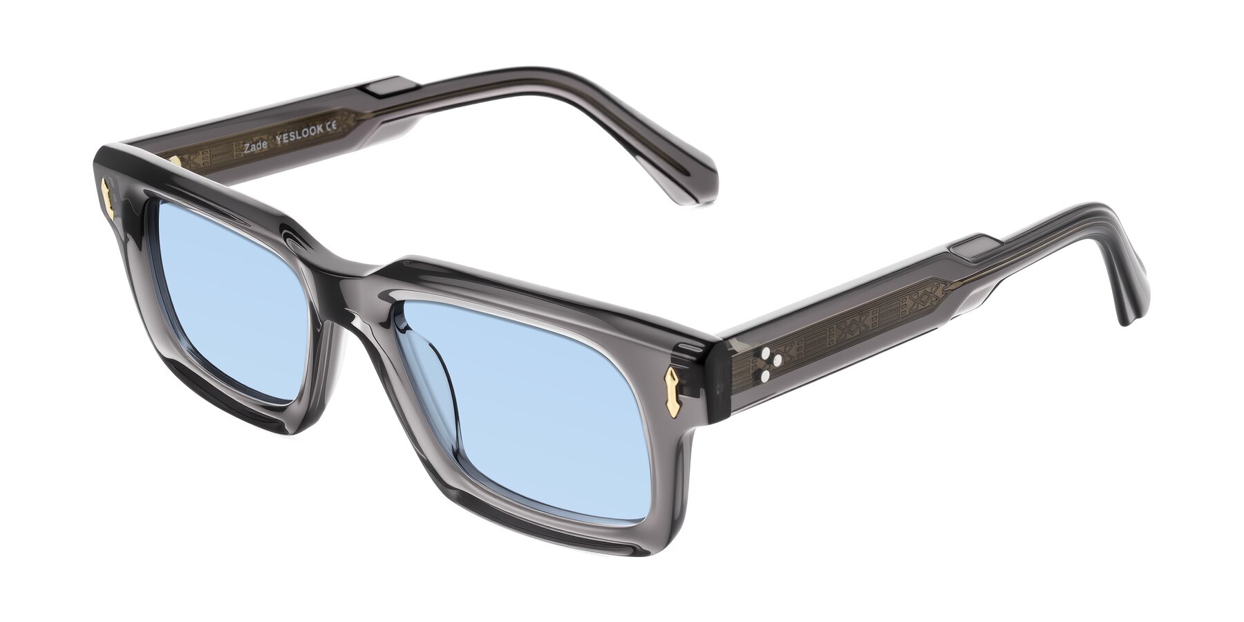Angle of Zade in Translucent Gray with Light Blue Tinted Lenses