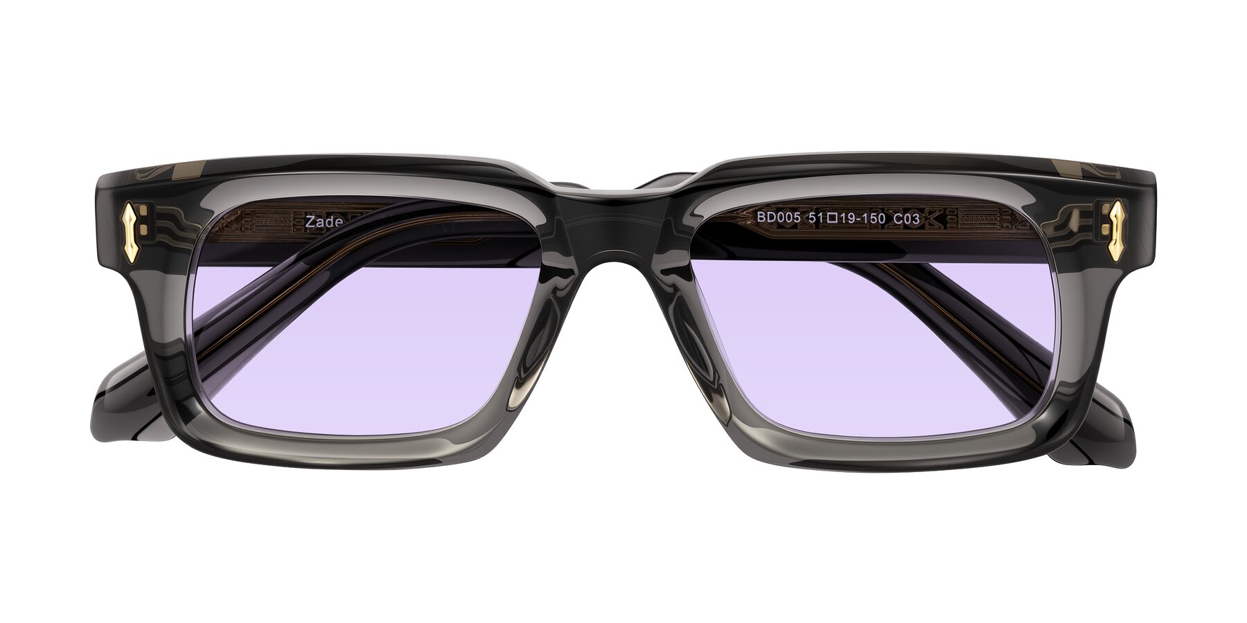 Folded Front of Zade in Translucent Gray with Light Purple Tinted Lenses
