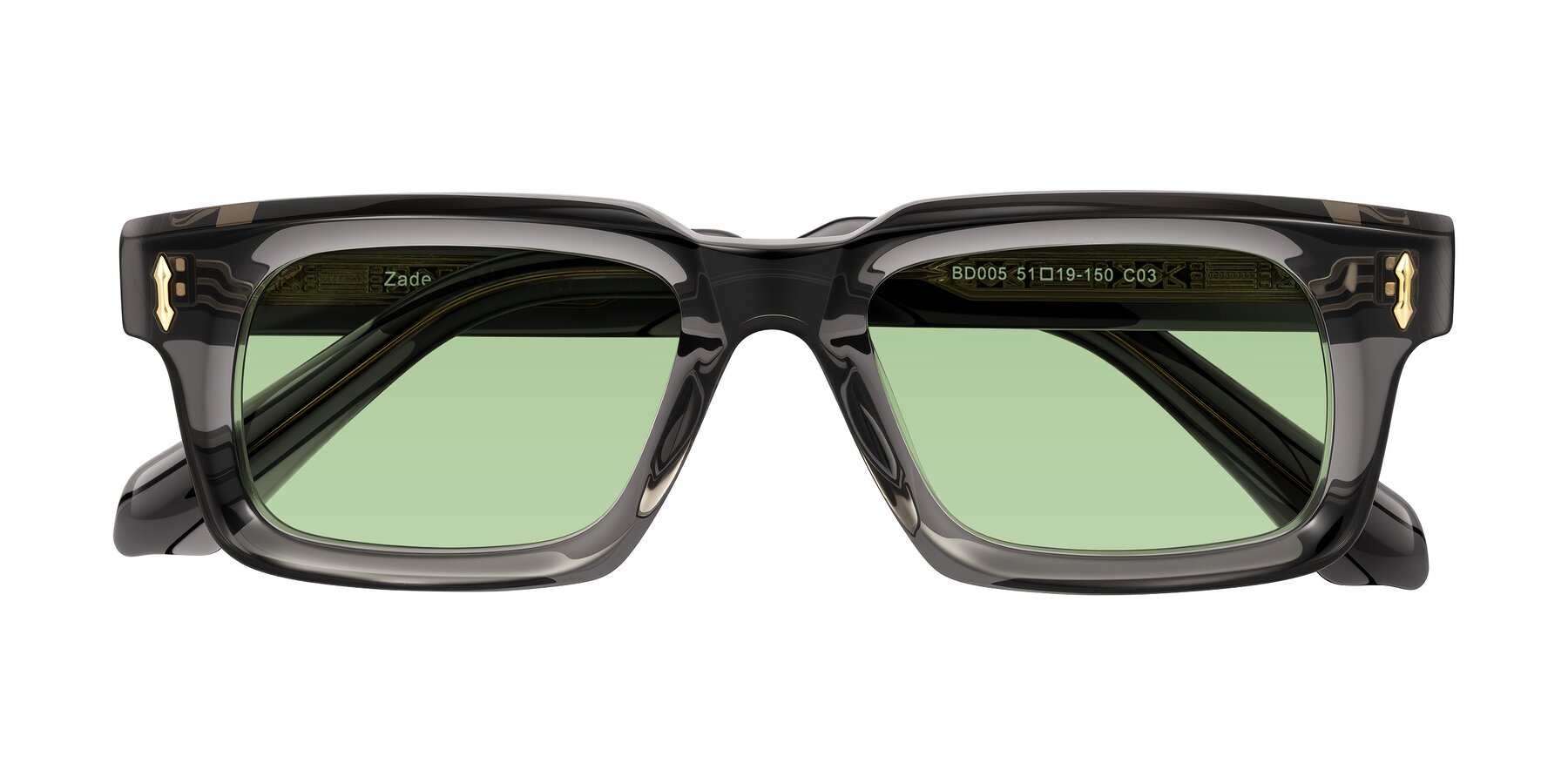 Folded Front of Zade in Translucent Gray with Medium Green Tinted Lenses