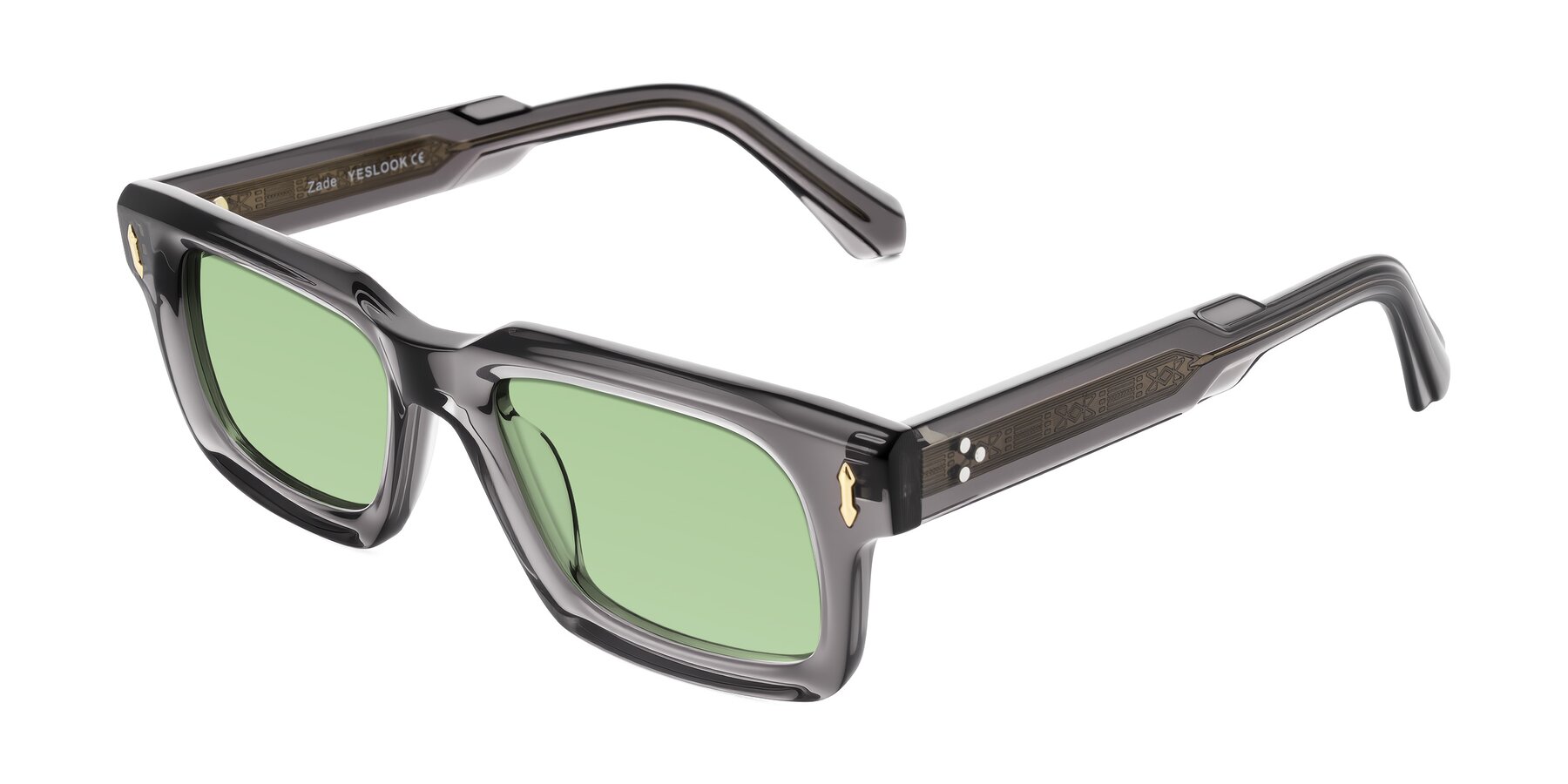 Angle of Zade in Translucent Gray with Medium Green Tinted Lenses