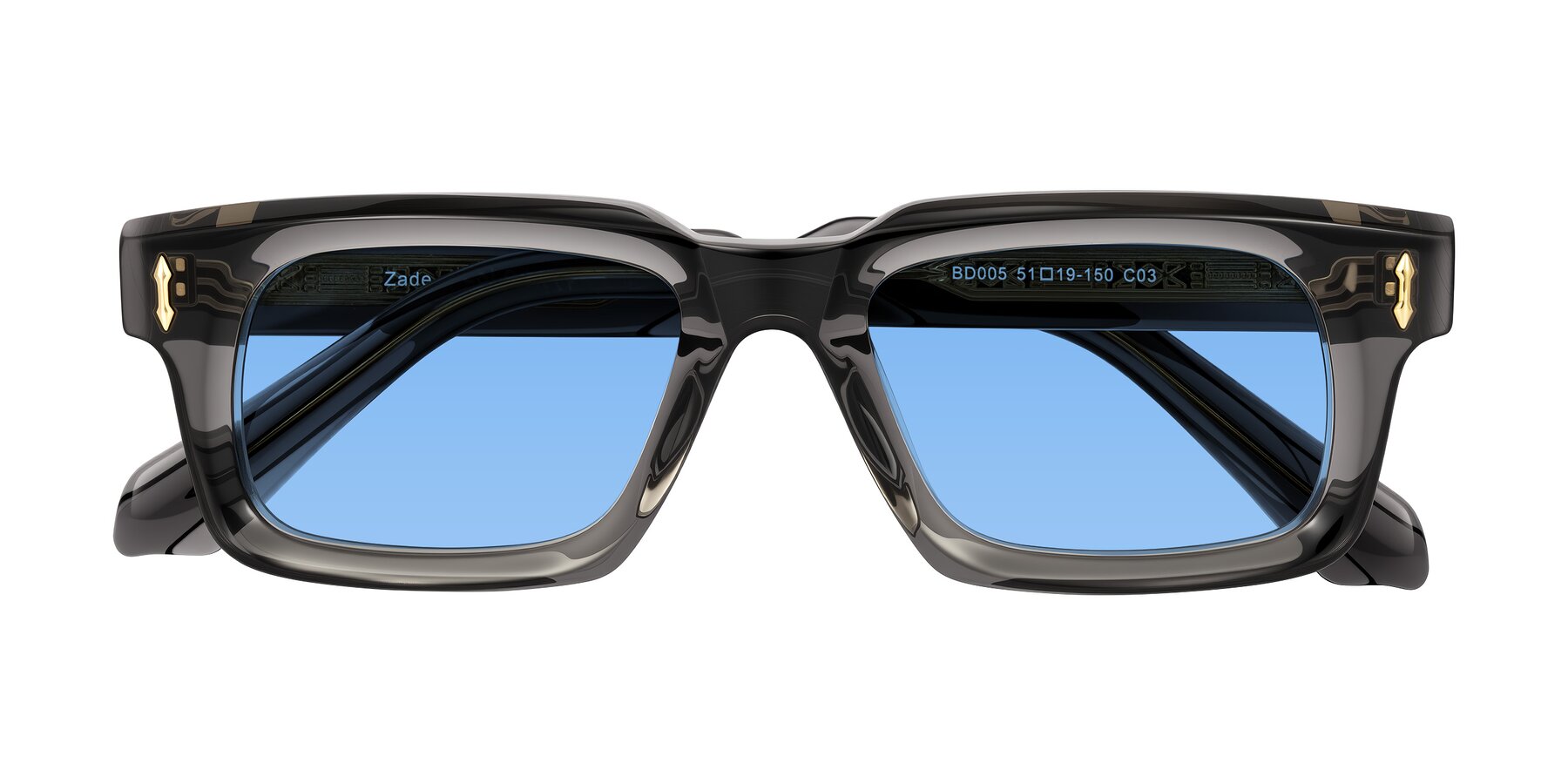 Folded Front of Zade in Translucent Gray with Medium Blue Tinted Lenses