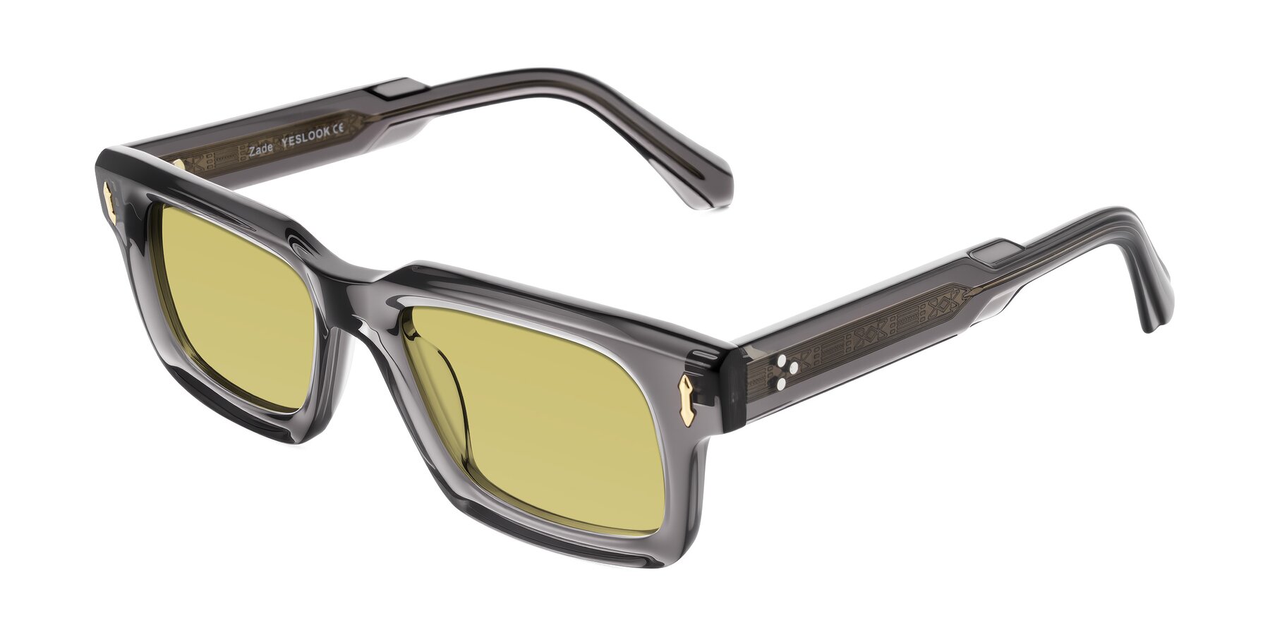 Angle of Zade in Translucent Gray with Medium Champagne Tinted Lenses