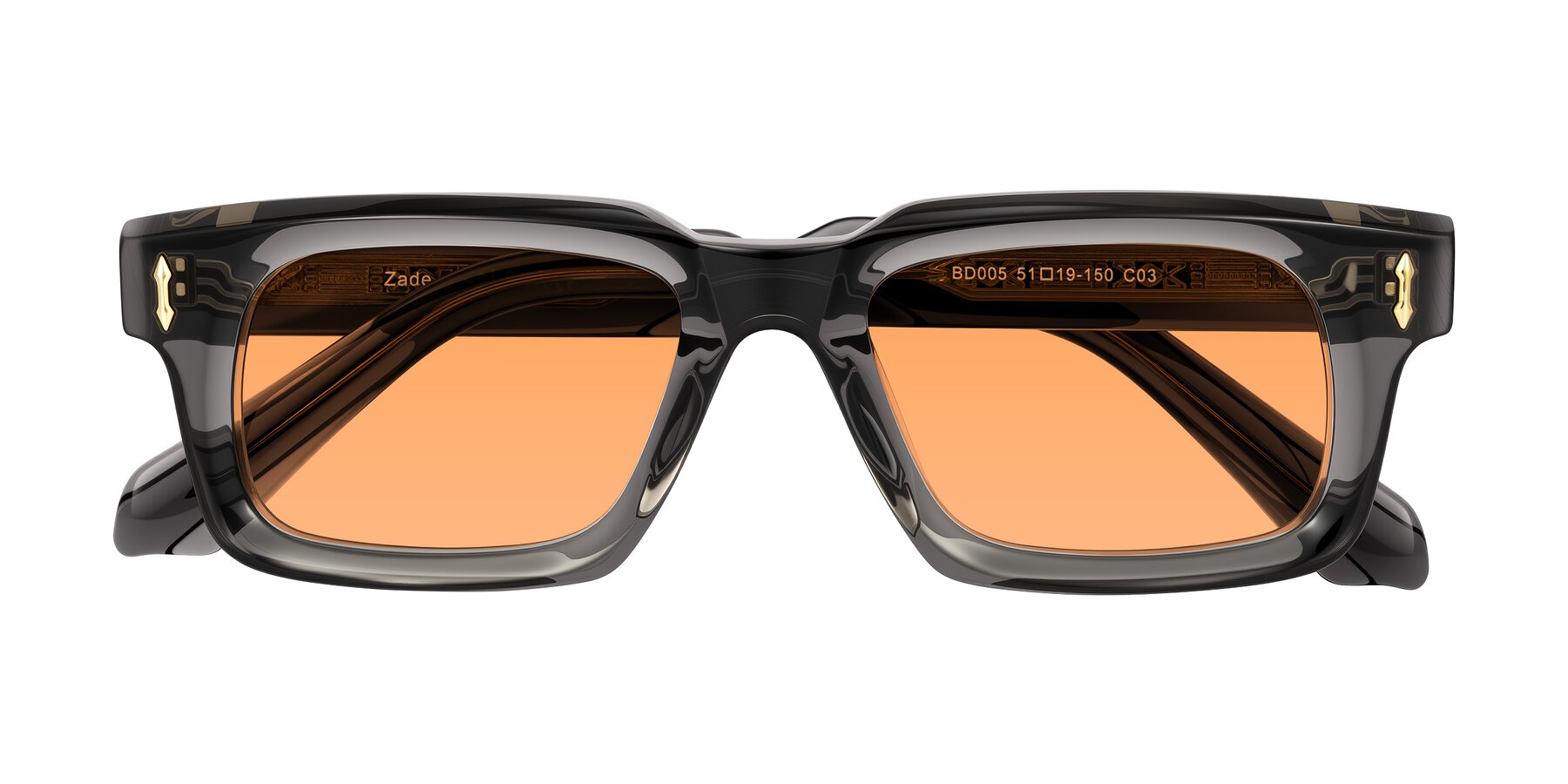 Folded Front of Zade in Translucent Gray with Medium Orange Tinted Lenses