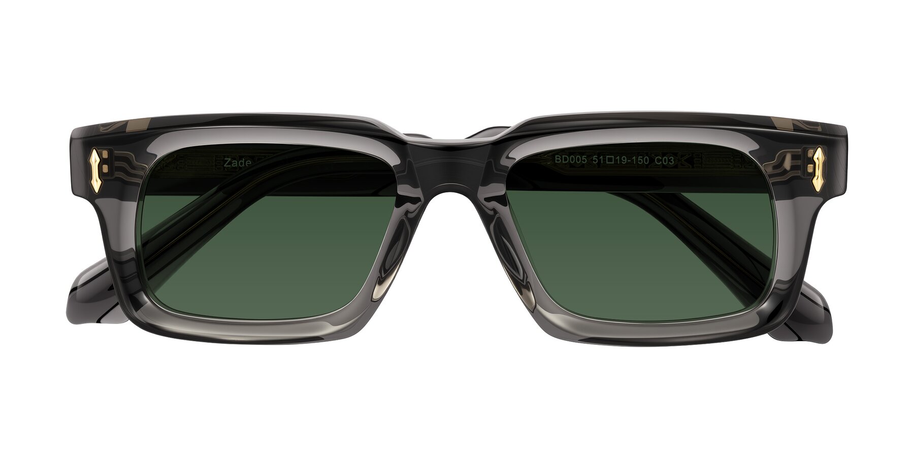 Folded Front of Zade in Translucent Gray with Green Tinted Lenses