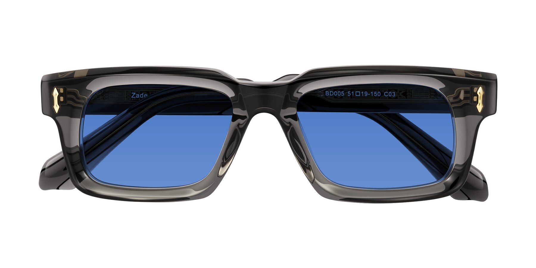 Folded Front of Zade in Translucent Gray with Blue Tinted Lenses