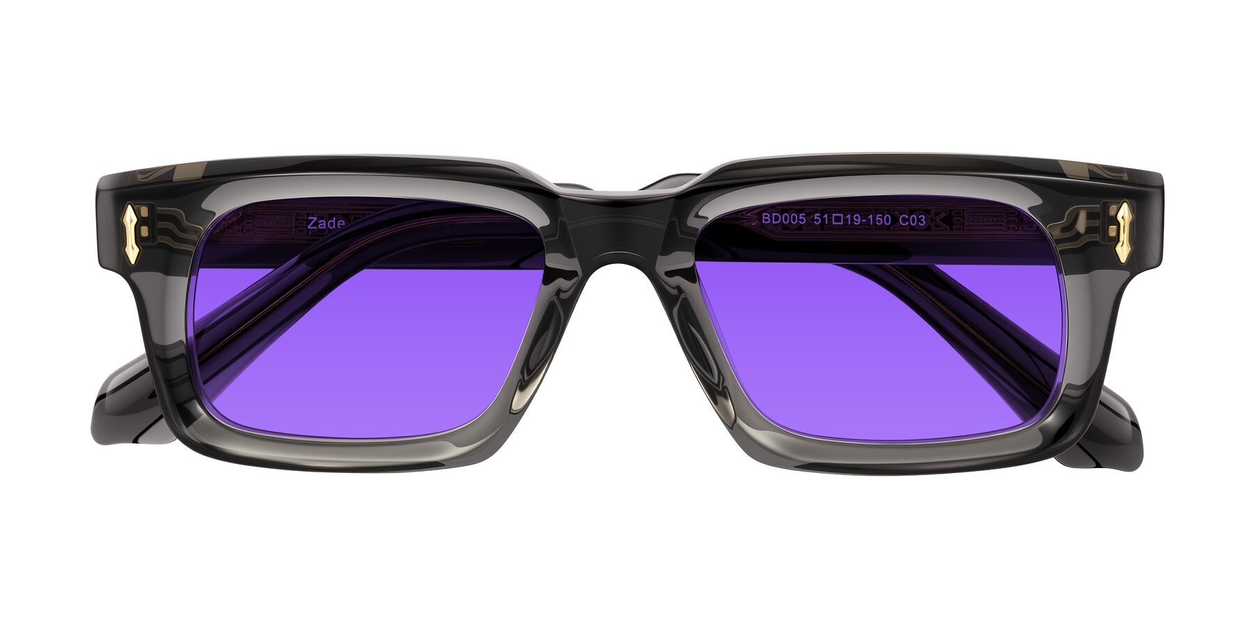 Folded Front of Zade in Translucent Gray with Purple Tinted Lenses
