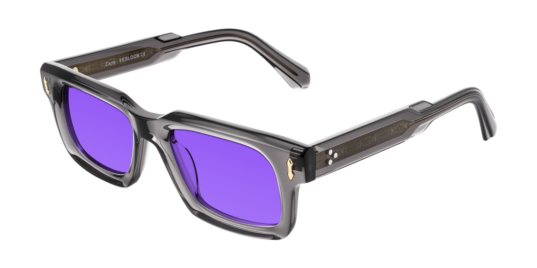 Angle of Zade in Translucent Gray with Purple Tinted Lenses