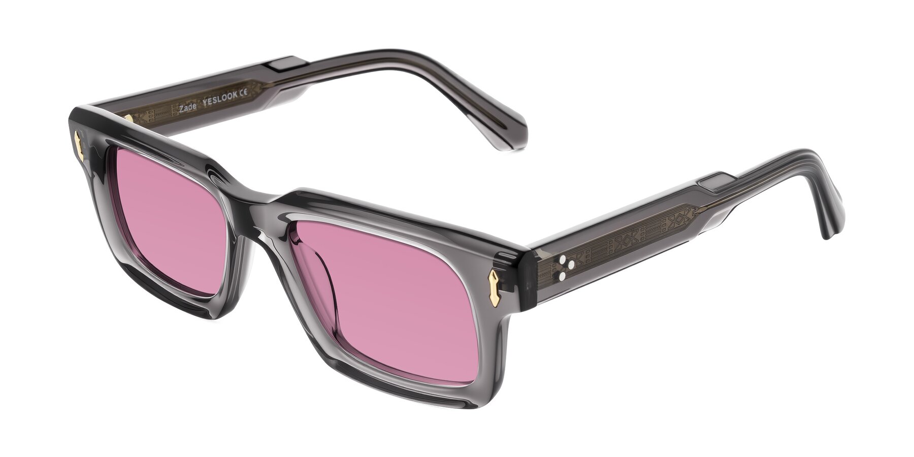Angle of Zade in Translucent Gray with Medium Wine Tinted Lenses
