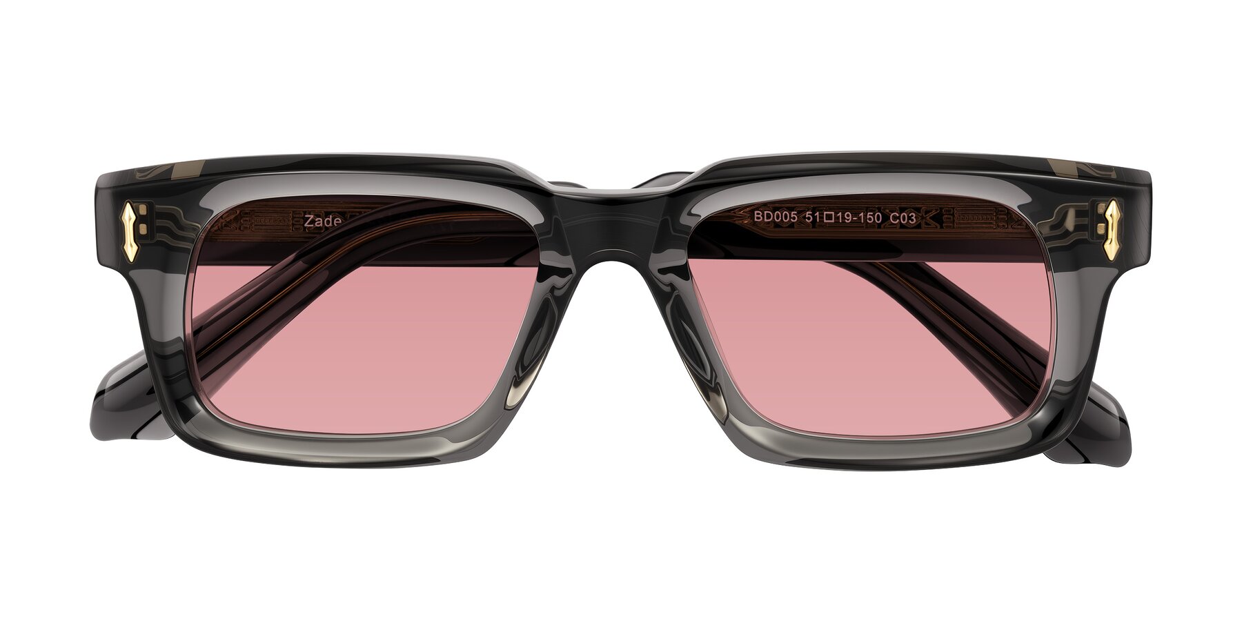 Folded Front of Zade in Translucent Gray with Medium Garnet Tinted Lenses