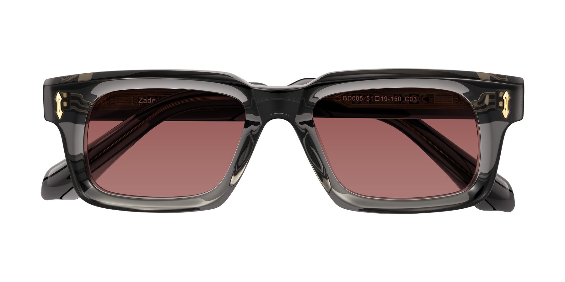 Folded Front of Zade in Translucent Gray with Garnet Tinted Lenses