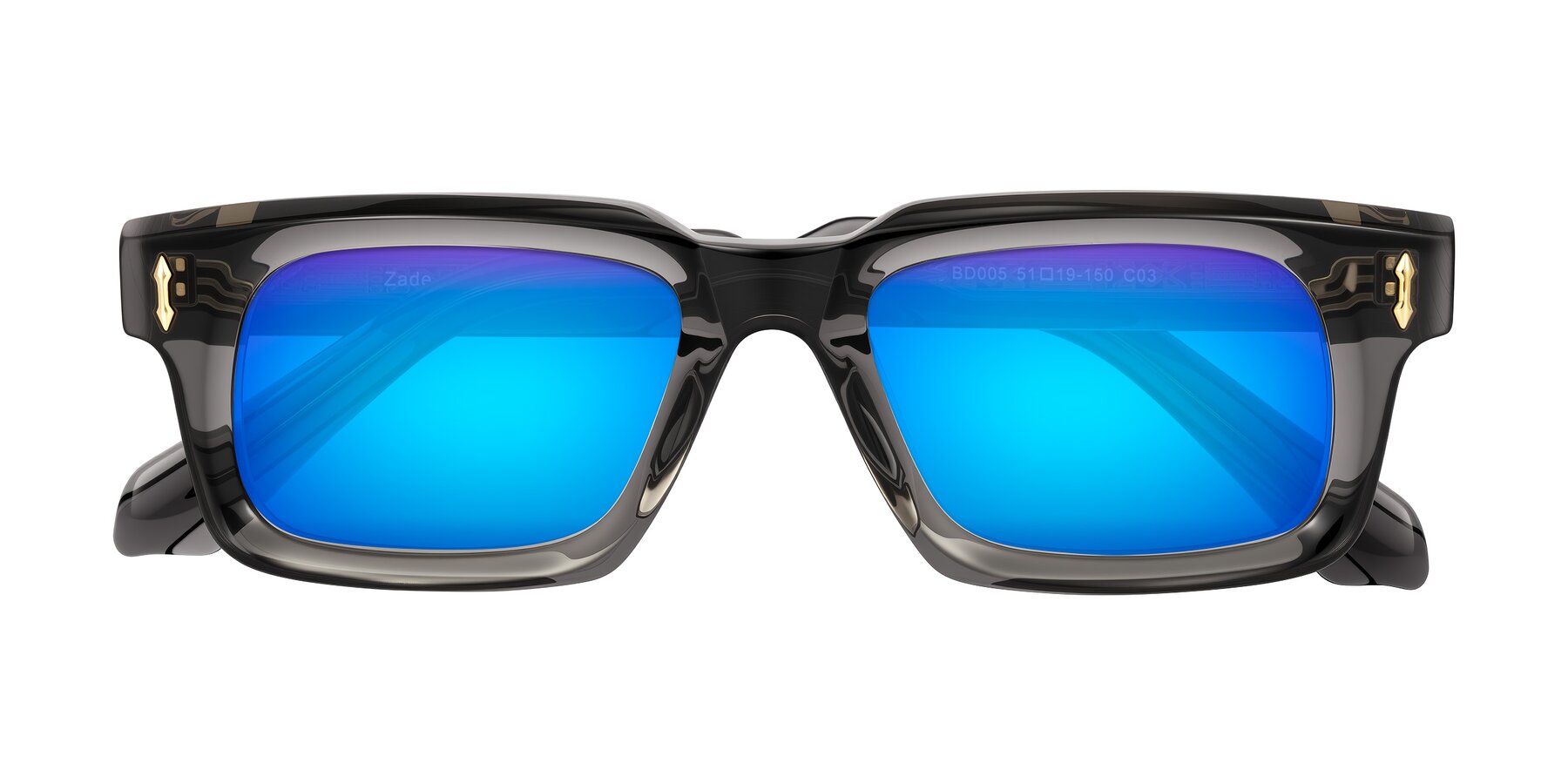 Folded Front of Zade in Translucent Gray with Blue Mirrored Lenses