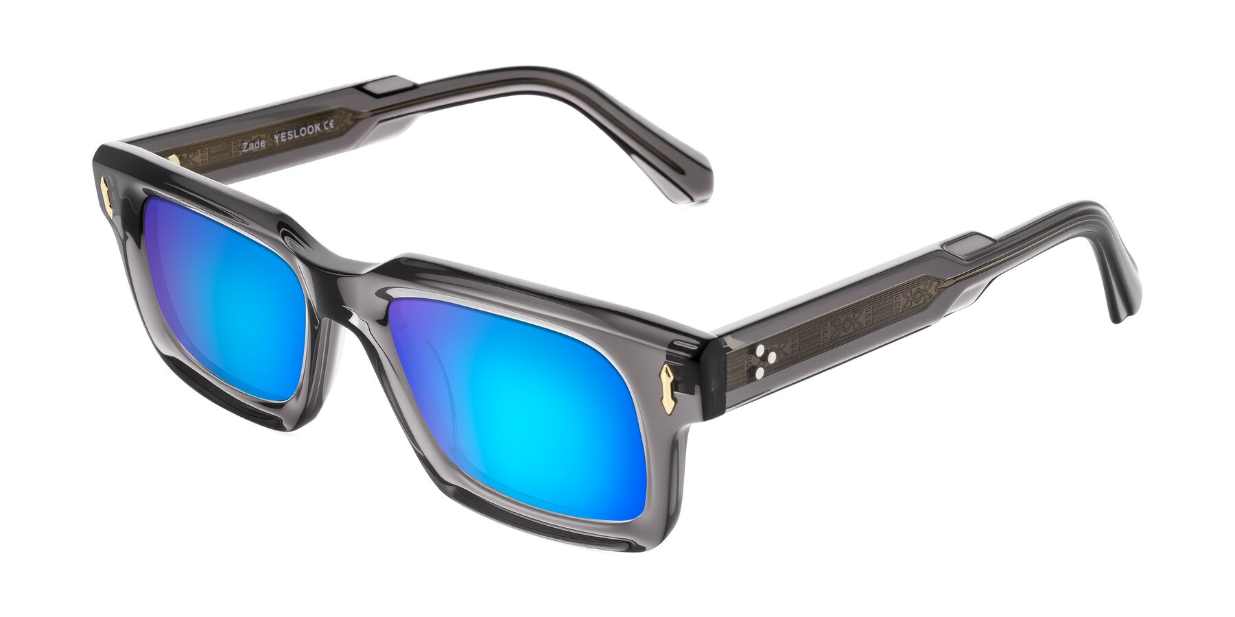 Angle of Zade in Translucent Gray with Blue Mirrored Lenses