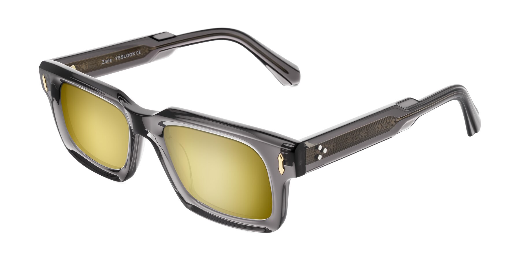 Angle of Zade in Translucent Gray with Gold Mirrored Lenses