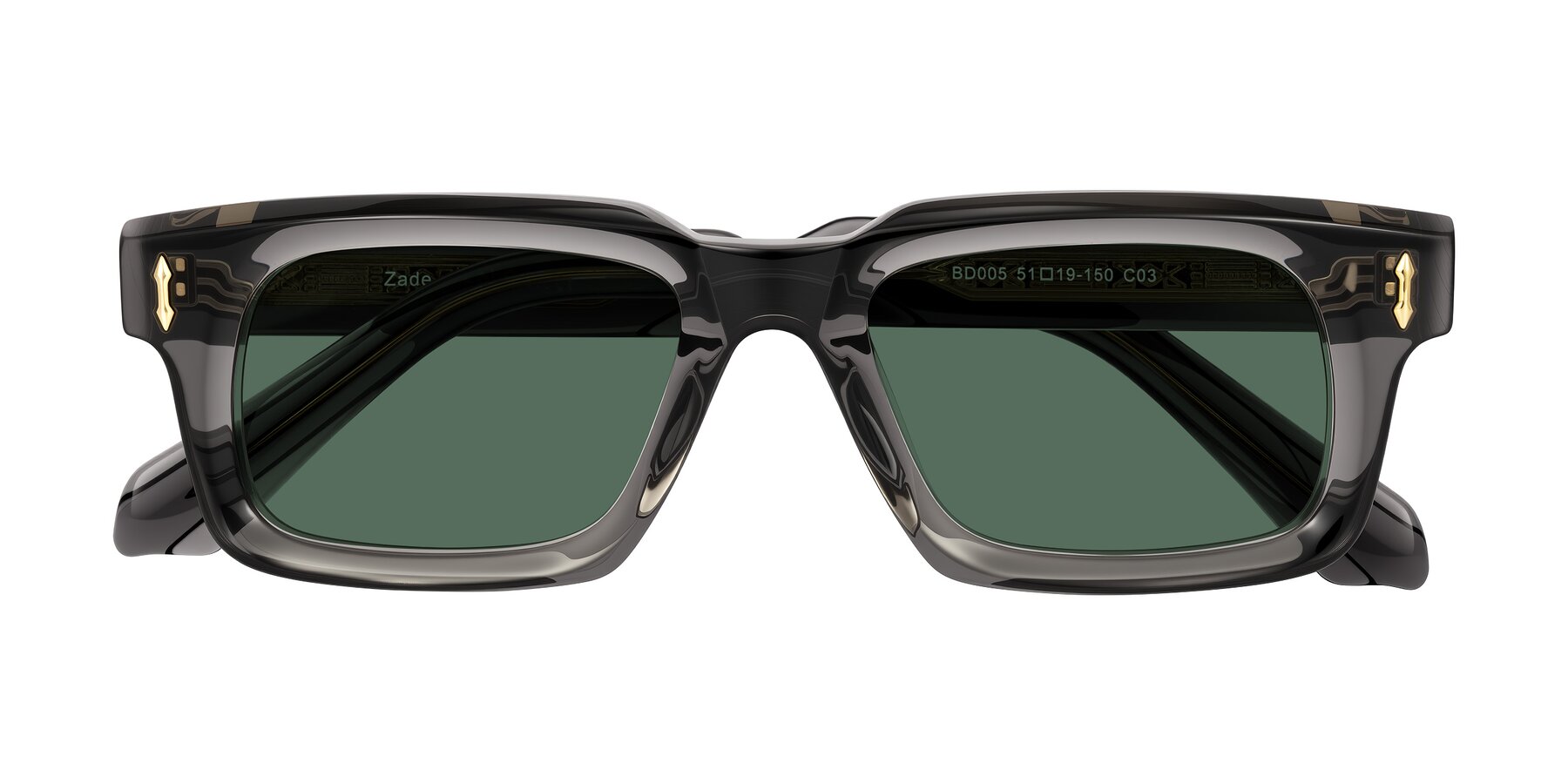 Folded Front of Zade in Translucent Gray with Green Polarized Lenses