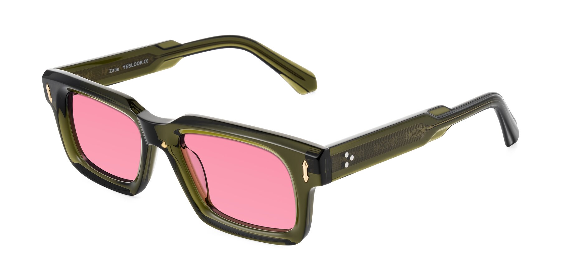 Angle of Zade in Translucent Green with Pink Tinted Lenses