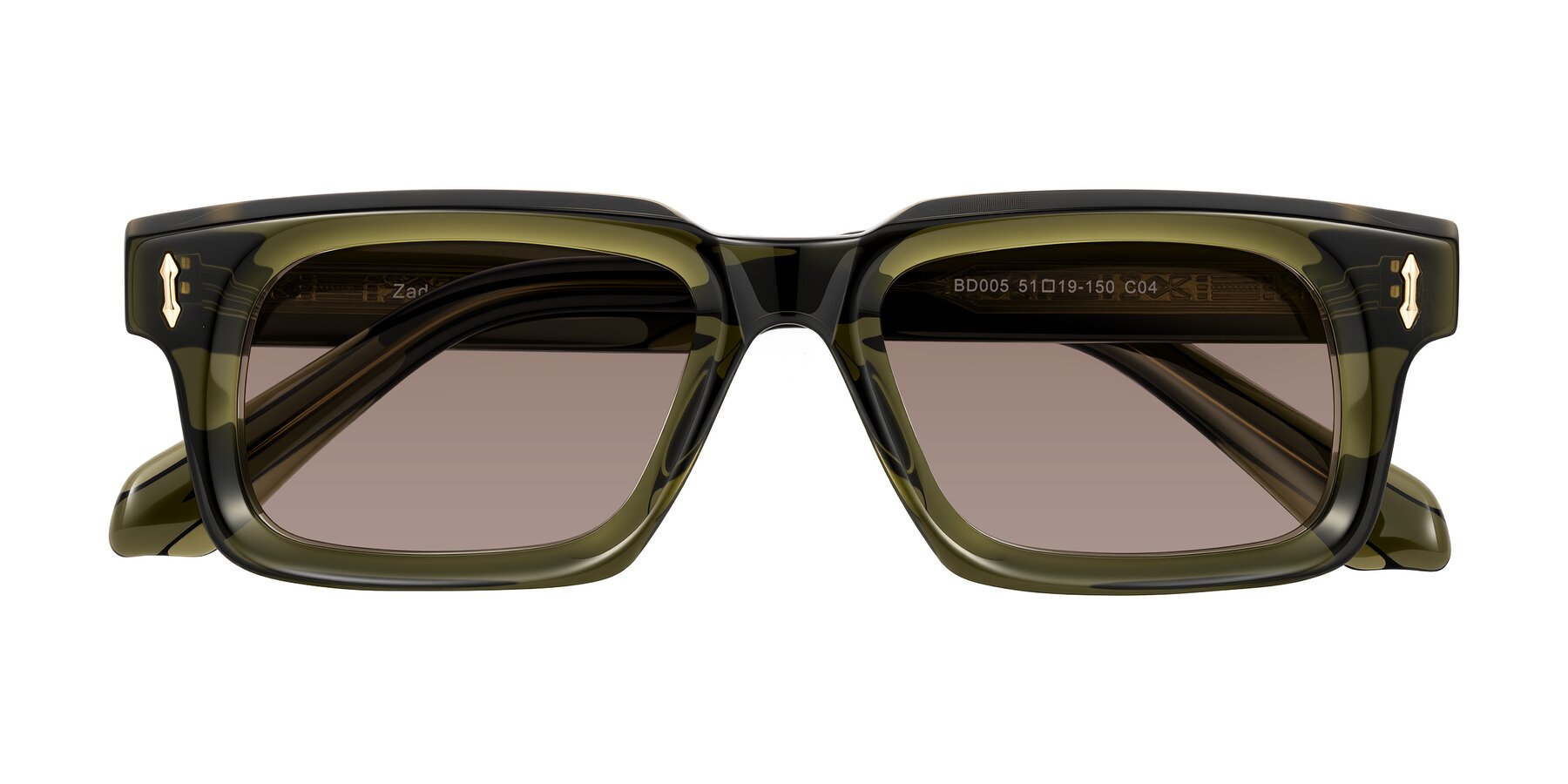 Folded Front of Zade in Translucent Green with Medium Brown Tinted Lenses