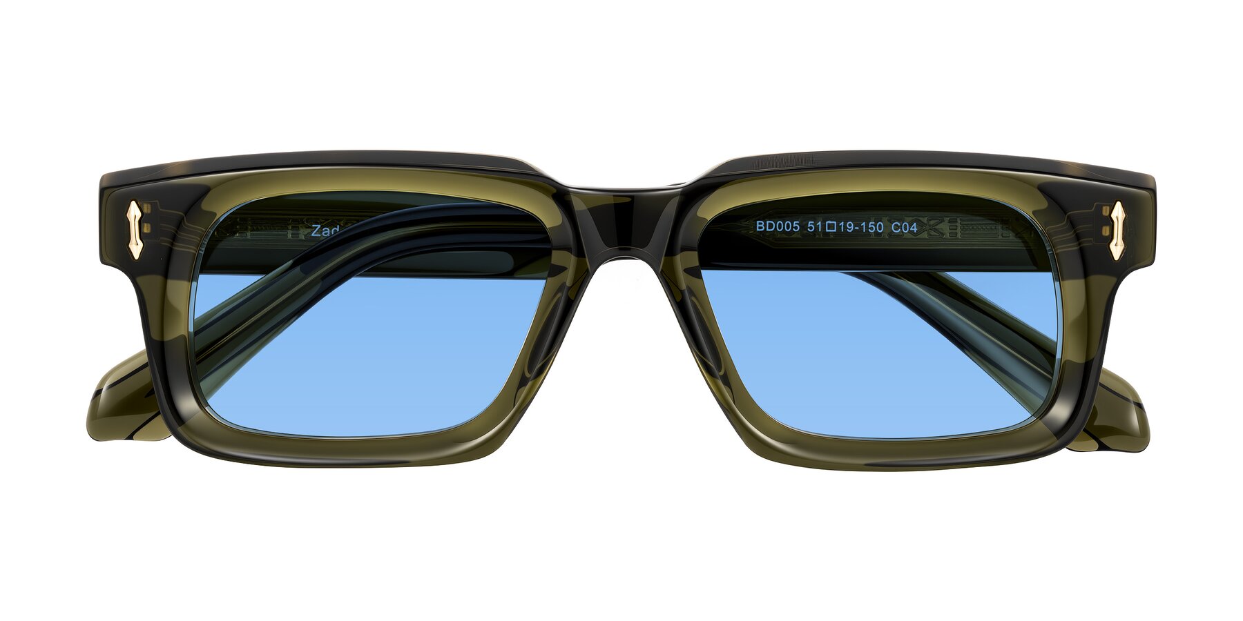 Folded Front of Zade in Translucent Green with Medium Blue Tinted Lenses
