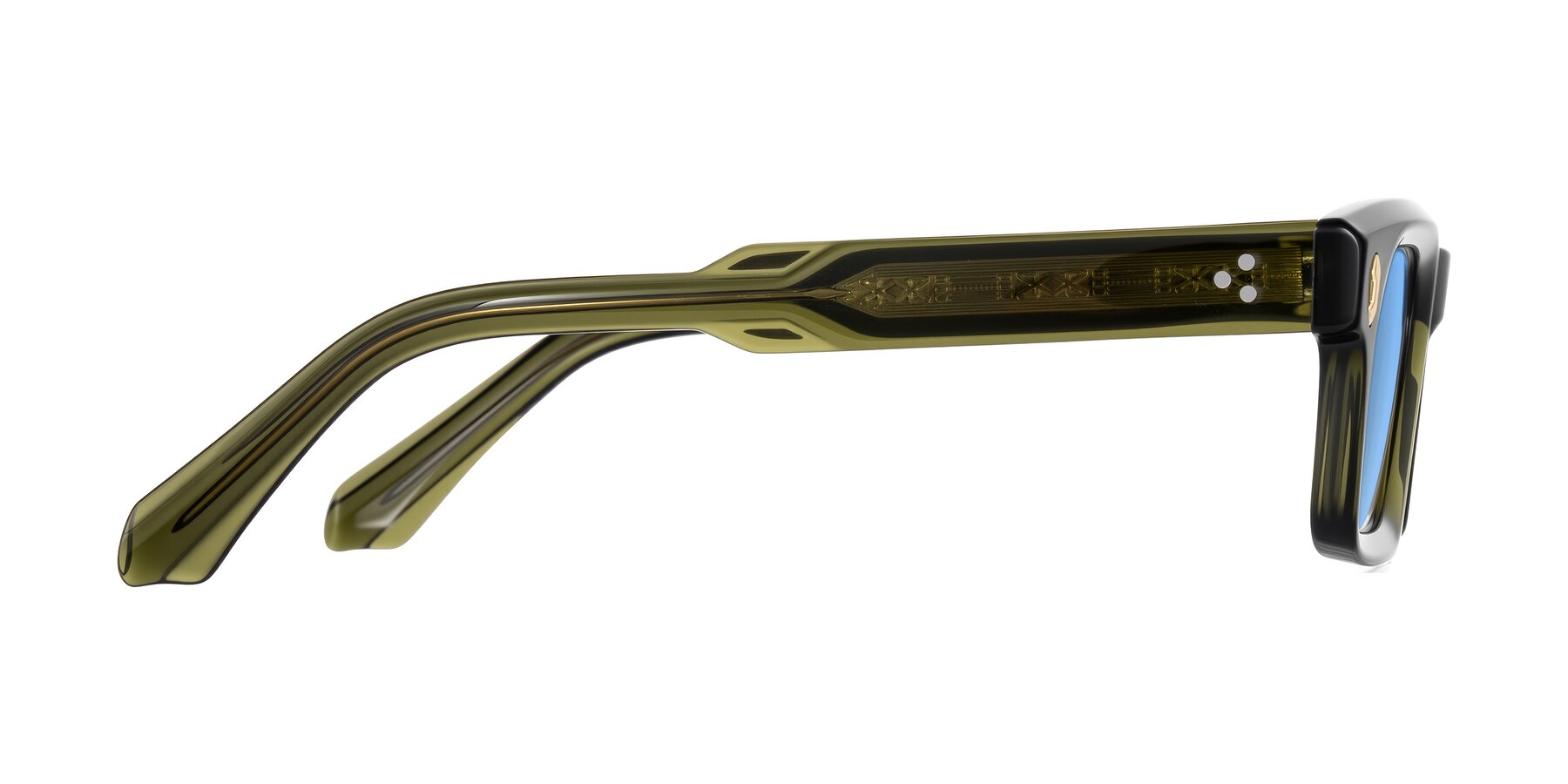 Side of Zade in Translucent Green with Medium Blue Tinted Lenses