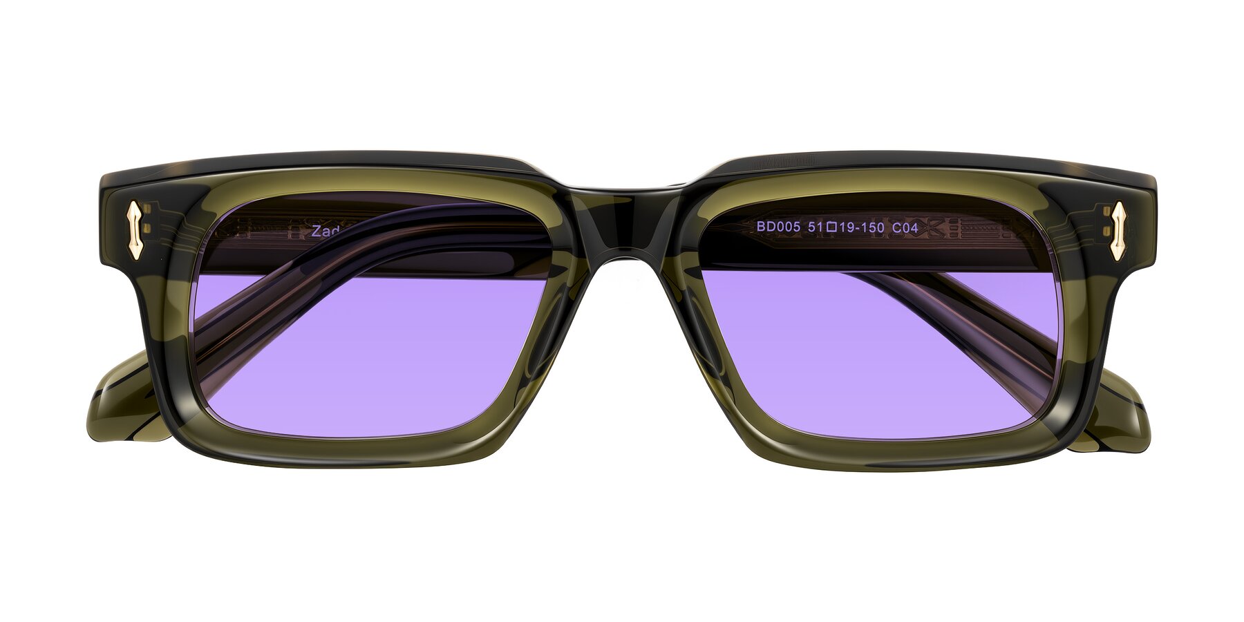 Folded Front of Zade in Translucent Green with Medium Purple Tinted Lenses