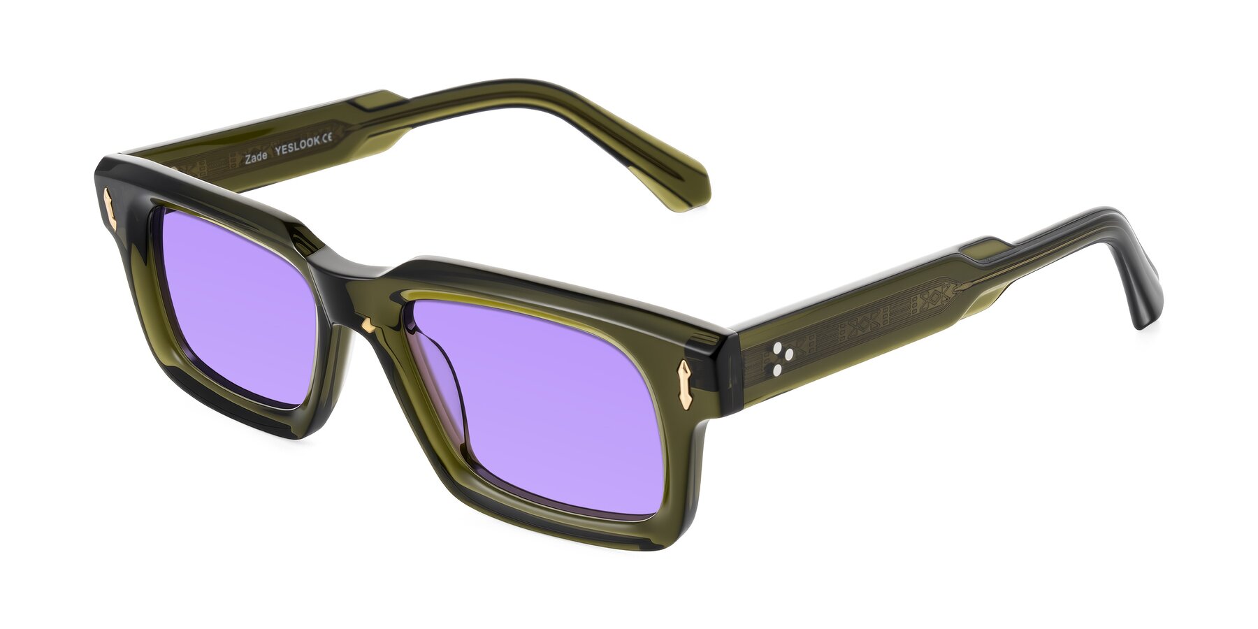 Angle of Zade in Translucent Green with Medium Purple Tinted Lenses